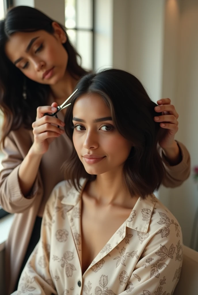 Woman giving her friend a professional haircut at home