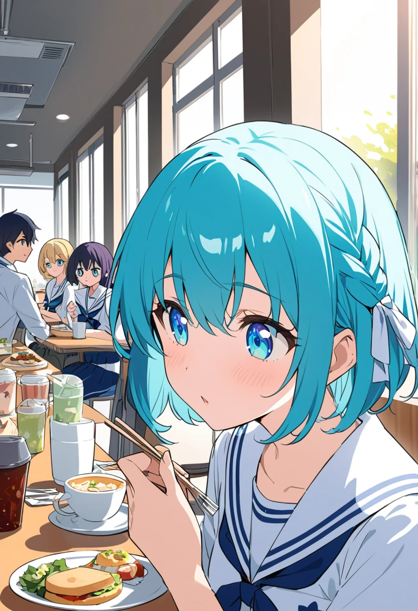 You are a professional illustrator。Please carefully check and draw the illustration according to the following conditions.。High school students enjoying their lunch in a crowded cafeteria、Delicate and beautiful anime face、Clear Eyes、Sailor suit、Braided short hair、