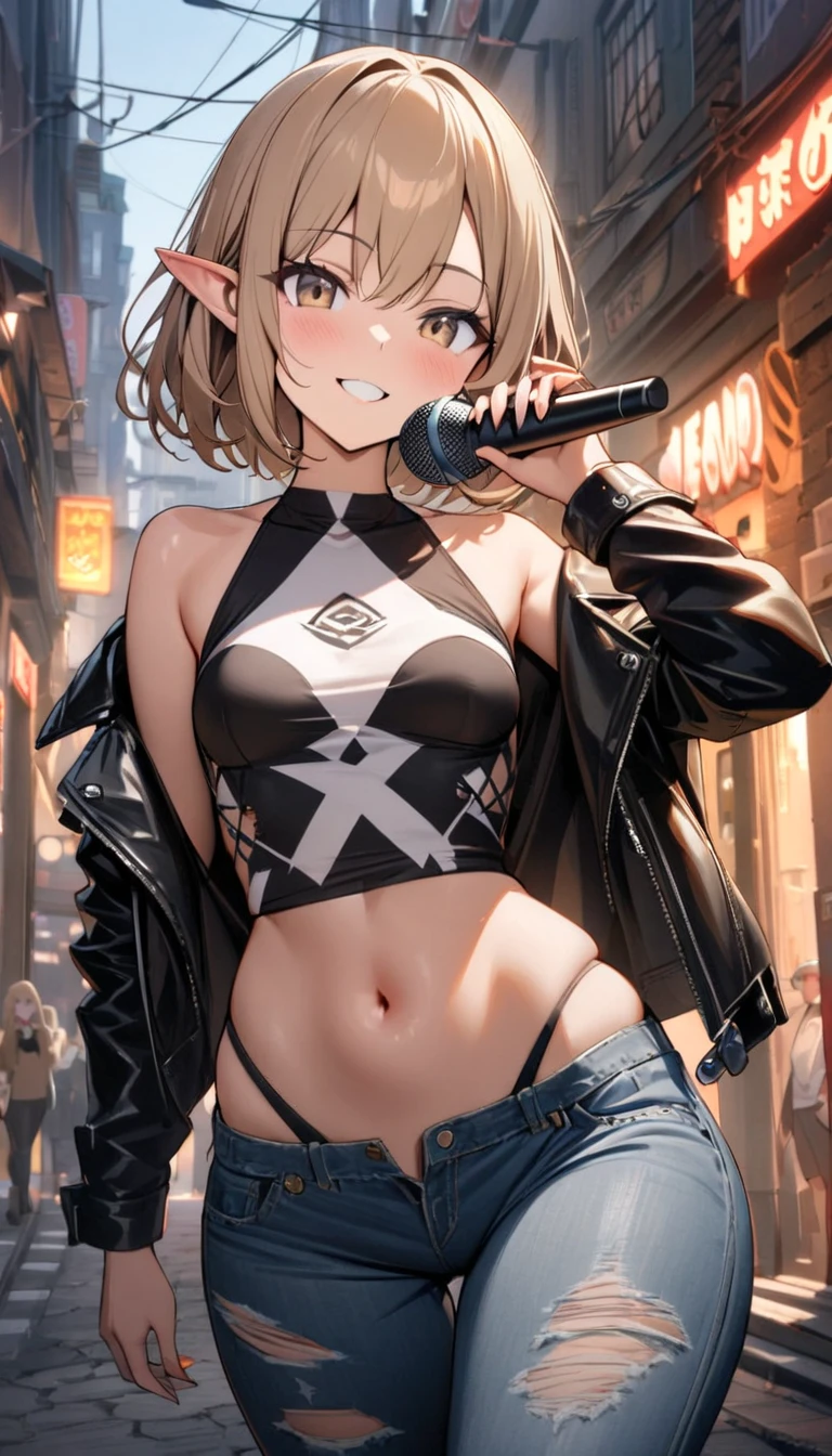  1 girl, Alone, Small breasts,  watching viewers,  wide hips, I々I have, Long Hair, Pointy ears,( light brown hair , short hair、),Best Quality、masterpiece、  ultra high resolution 、Beautiful smile、 Leather Jacket、street、 street, Voodoo symbols are scattered on the microphone of ripped ripped jeans 