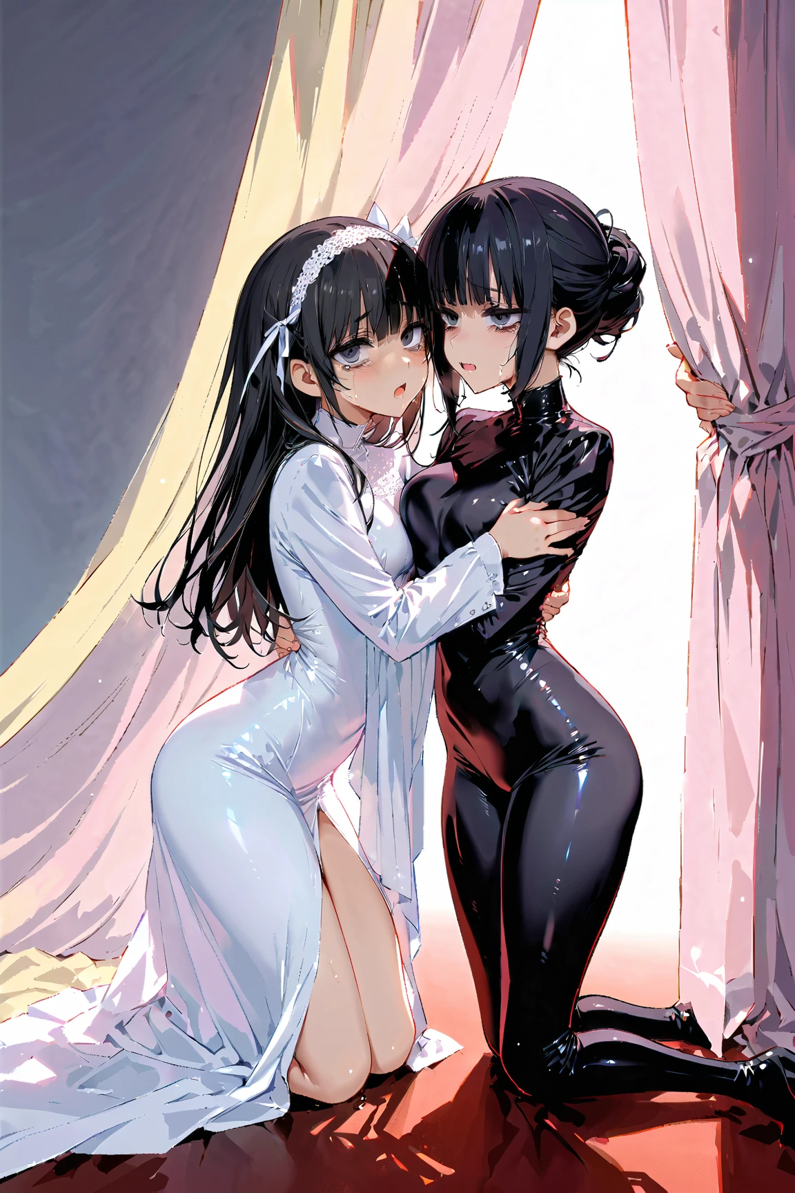 下半身を影が透けるカーテンで隠したTwo girls hugging and kissing,   ((bags under eyes、Jet Black Eyes))、hair over eyes, detailed hairband, (( chignon hair))、Round Glasses, black hair, big ass、Thick thighs、luxury embroidered pastel color rider suit, kneeling, simple background、rough breathing sound 、Scream lines、 heart symbol, (tears、 drool 、Open your mouth、 Hollow Eyes:1.2)、(glistening skin), (oily skin), (shiny skin),(half closed eyes), (( A production where the body is shaking violently))、(((A curtain with transparent shadows that conceals the lower body))), 