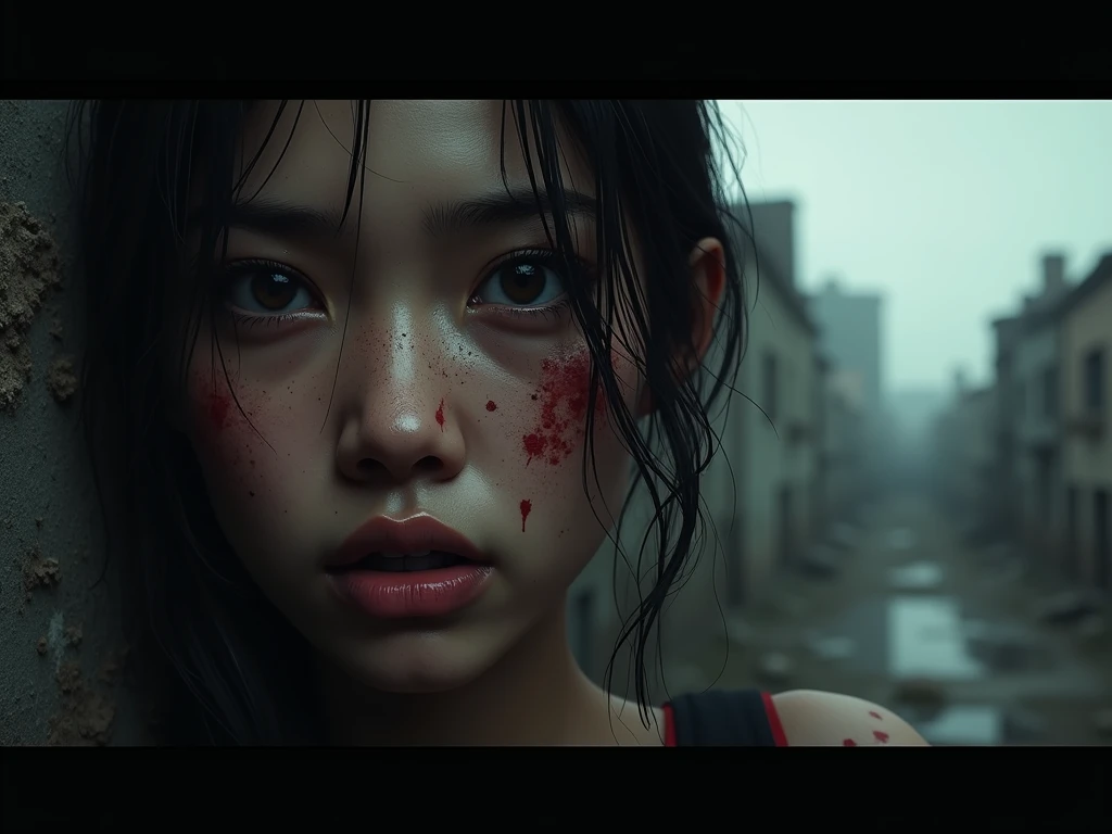 A breathtakingly beautiful girl, Radiant and charming eyes, Cold and intense, Short hair, Sweaty body, Post-apocalyptic punk shirt, Short shorts, boot, Ultra photo realsisim, Realistic, best quality real texture skin, movie atmosphere, Tattered clothes, (Post-apocalyptic punk, Post-apocalyptic fiction), A post-apocalyptic world where buildings collapse, (blood stain), The art of Rei Kurahashi, Haunting and solemn, A beam of light shines through, Illuminate the gloomy environment, (Best quality, Masterpiece, Depth of field, Full-HD, 4K, Richness of detail), Portrait style,Upper body