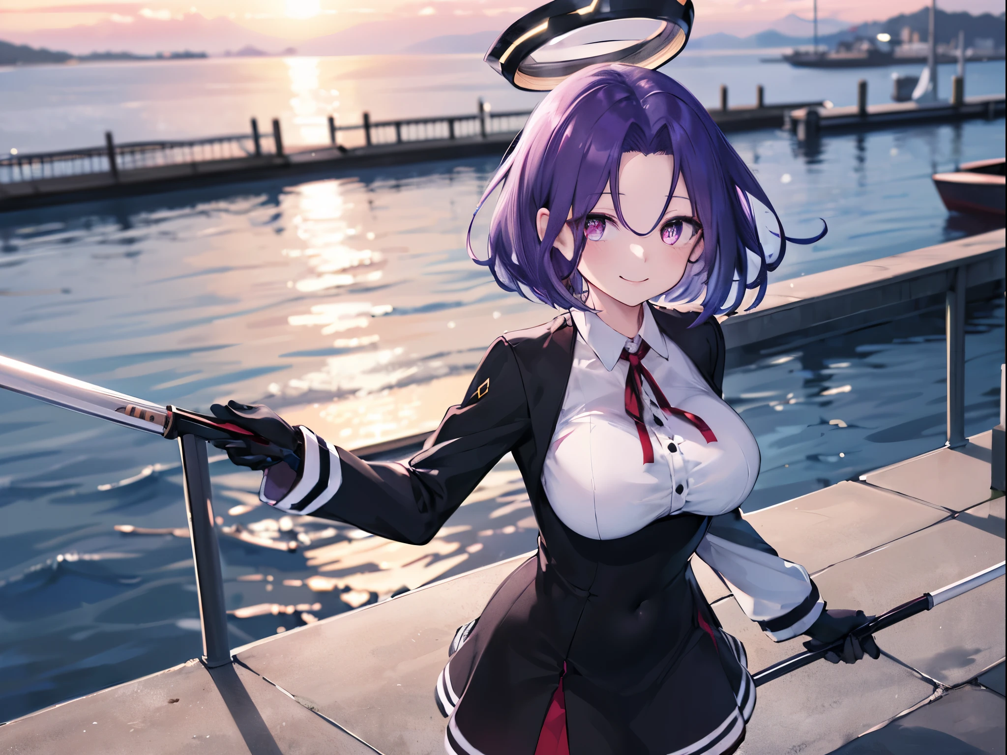 masterpiece, best quality, highres, mechanical halo, (big_breasts:1.2), black dress, neck ribbon, long sleeves, black gloves, outdoors, cowboy shot, standing, holding weapon, polearm,smile,,harbor_town_landscape,purple_halfeyes,(scornful eyes:1.4)