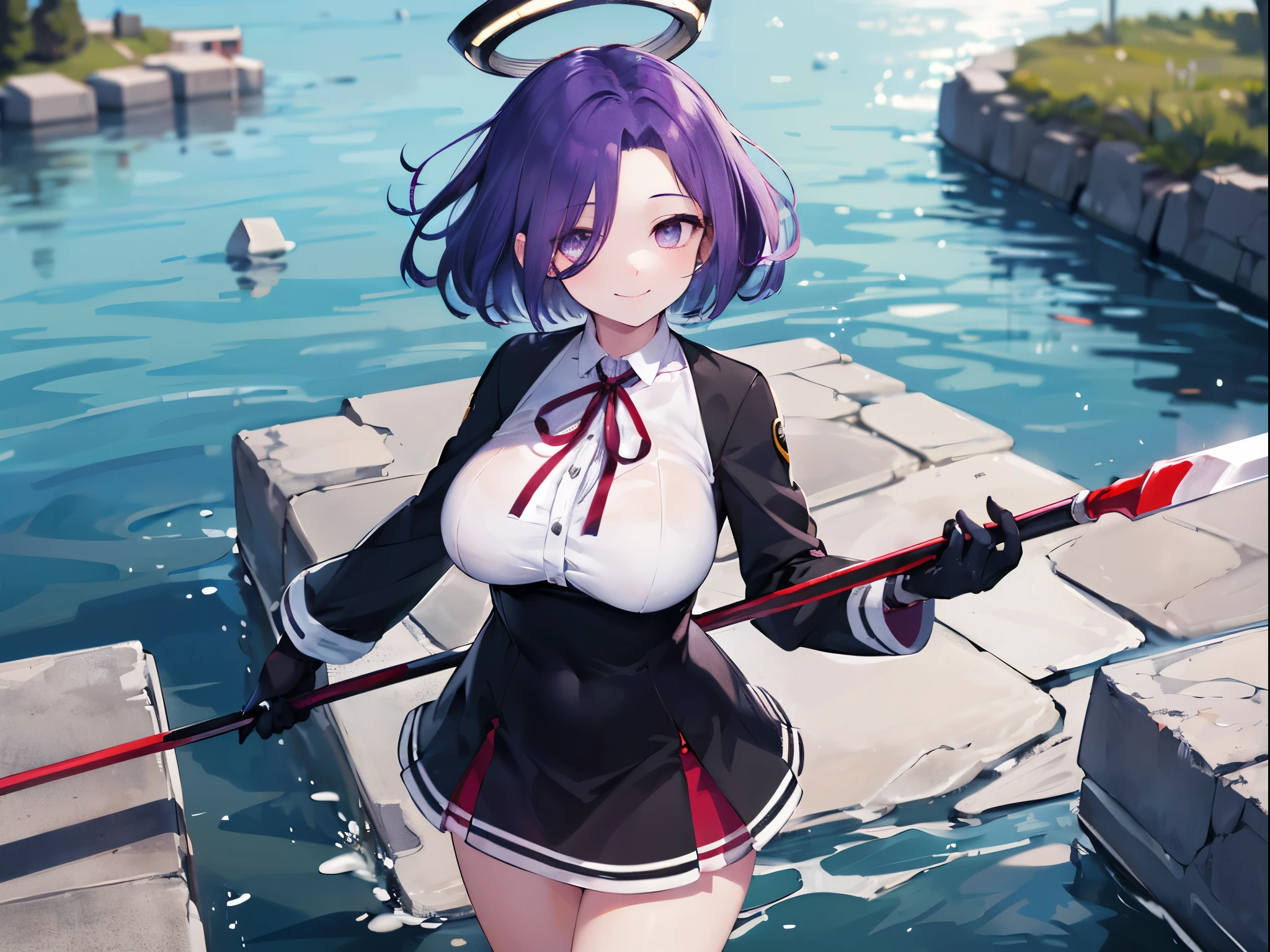 masterpiece, best quality, highres, mechanical halo, (big_breasts:1.2), black dress, neck ribbon, long sleeves, black gloves, outdoors, cowboy shot, standing, holding weapon, polearm,smile,,harbor_town_landscape,purple_halfeyes,(scornful eyes:1.4)