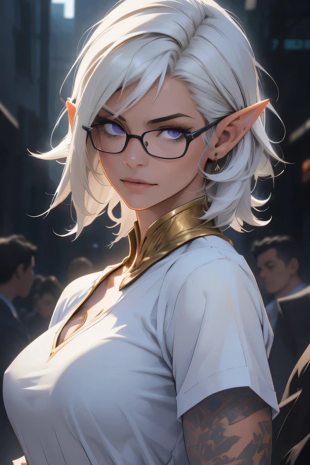 Best quality, masterpiece, ultra high res, (photorealistic:1.5), raw photo, 1girl, offshoulder, in the dark, deep shadow, low key, cold light, sexy look, white hair, short wavy hair, purple eyes, light smile, (large breasts: 1.2), white oversized t-shirt, elf girl, elf ears A striking and ultra-detailed phone photo of an alluring young woman with vibrant green hair and glasses, passionately testifying in court against an evil antagonist. Her full sleeve tattoos are a captivating sight, contrasting with her professional attire. The sunny summer day casts a warm glow on the scene, highlighting the bustling courtroom filled with attentive onlookers. The background captures the essence of artificialecchi style, with an air of playful sophistication and a touch of drama.