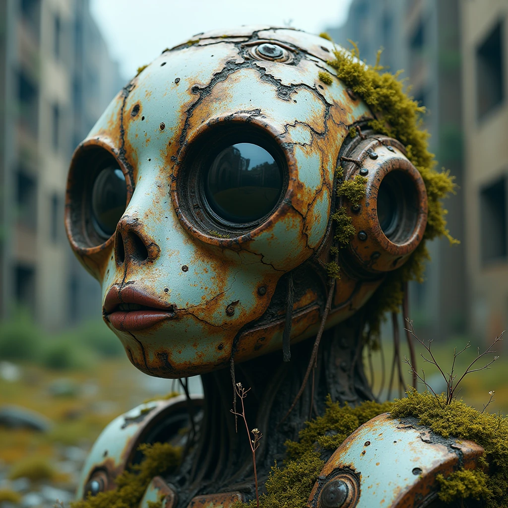 Top quality, masterpiece, cement building background, complex machine room interior background, (creature with magnifying glass as head:1.4) , (complex mechanical body:1.4) ,(fondo ciudad destroyed apocalypse Tokio cyberpunk :1.4), science fiction, detailed science, life science, , wearing complex and delicate clothes, detailed image texture, bizarre, horror, creepy atmosphere (not AI image), cloudy weather, foggy, low saturation image, high quality, (RAW photo, best quality), (realistic, photorealistic: 1.4), (extremely delicate and beautiful: 1.4), amazing, fine details, masterpiece, ultra detailed, high resolution, best illustration, best shadow, intricate, ( extremely intricate: 1.2), (exquisitely detailed skin), cinematic light, perfect anatomy, (cool color: 1.4), sharp focus, 8k UHD, DSLR, (Fujifilm XT3),Mechanical vertebrae attached to the back, mechanical cervical attachment to the neck, alambres y cables que se conectan a la cabeza, Evangelion, small bright LED lamps, (pose americano :1.4), (iluminación cinematográfica :1.4), (cyborg colored glass blue +orange mecánica transparent :1.4), Epic Fantasy Art Style HD, 4K fantasy art, epic fantasy digital art style, epic fantasy art style, Fantasy Woman, epic fantasy art portrait, Epic fantasy style, hyperrealistic fantasy art, hd fantasy art, Epic fantasy character art, epic fantasy art, in style of dark fantasy art, epic fantasy digital art