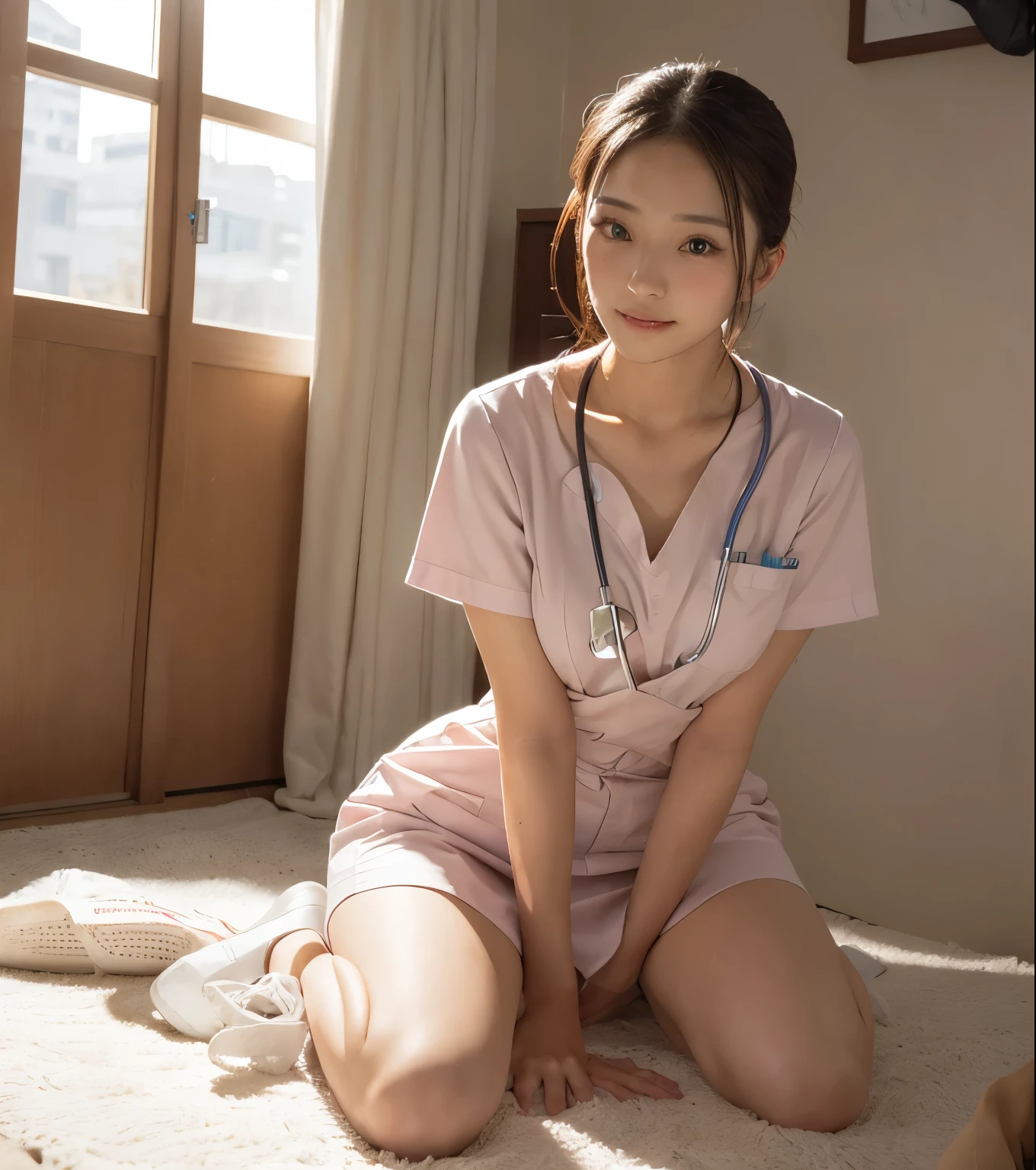 ( ulzzang-6500-v1.1, masterpiece, Best Quality:1.3,  Super High Detail 8k :1.2, hyper-realistic:1.35,  original photo:1.2, Best Quality,  High Resolution , wallpaper, realistic, dramatic,  Halfway Realistic Painting Art :1.3,  1 Nurse , [28 years old,  Pink Nurse ,  White Tight Nurse Dress ，Nurse Clothing:1.3,  Hospital Walk  , Super beautiful, beautiful skin,  Detailed Eyes , Symmetrical Face , double eyelids,  Beautiful and Delicate Eyes ,  Friendly Friendly Smile ,  Beautiful Glossy Lips ,  Wrong Teeth ,  Super Short Bobhead ,  Chest Strengthening , Full raised breasts, Emphasize body lines,  beautiful model body， Perfect Style ,Slim waist，Beautiful buttocks，Long Legs， White tender calves ，White nurse shoes，Systemic，Systemic，Systemic，Full body photo:The Perfect Number ，cowboy_shooting, Scenery background, Early morning dawn, Natural soft light )