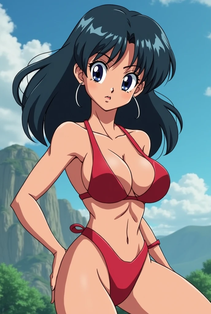 masterpiece, best quality, 1girl, solo, looking at viewer, <lora:EPinKagome-13:0.7>, EPinKagome black hair, brown eyes, detailed background, anime coloring, anime screencap, 2000s \(style\), upper body, concert, day, sunny, arm at side, gradient bikini, (jewelry), sneakers, smile