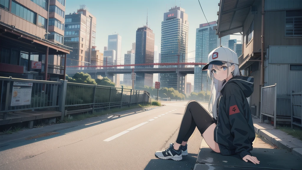 skyscraper, building, city, cityscape, hat, earrings, baseball_cap, 1girl, long_hair, jacket, chain-link_fence, hood, bridge, solo, architecture, shoes, sitting, city_lights, east_asian_architecture, looking_at_viewer, , neonpunkai