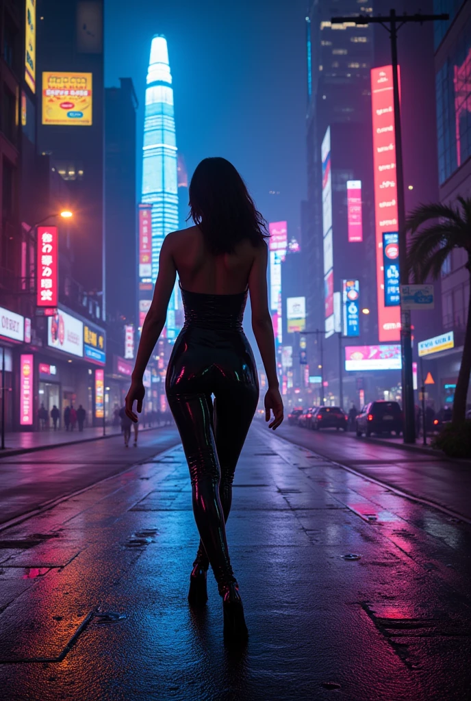 (Best Quality, very detailed depiction, incredible high resolution,Photographic images), Futuristic Streetscapes ,Neon city at night:2.0, Iconic skyscrapers,Artistic Buildings ,Woman in bodysuit walking down a decadent cityscape ,Night view,Beautiful night view,Dazzling neon light ,Night Sky:2.0,Woman in latex suit walking down the street,