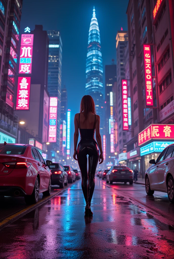 (Best Quality, very detailed depiction, incredible high resolution,Photographic images), Futuristic Streetscapes ,Neon city at night:2.0, Iconic skyscrapers,Artistic Buildings ,Woman in bodysuit walking down a decadent cityscape ,Night view,Beautiful night view,Dazzling neon light ,Night Sky:2.0,Woman in latex suit walking down the street,