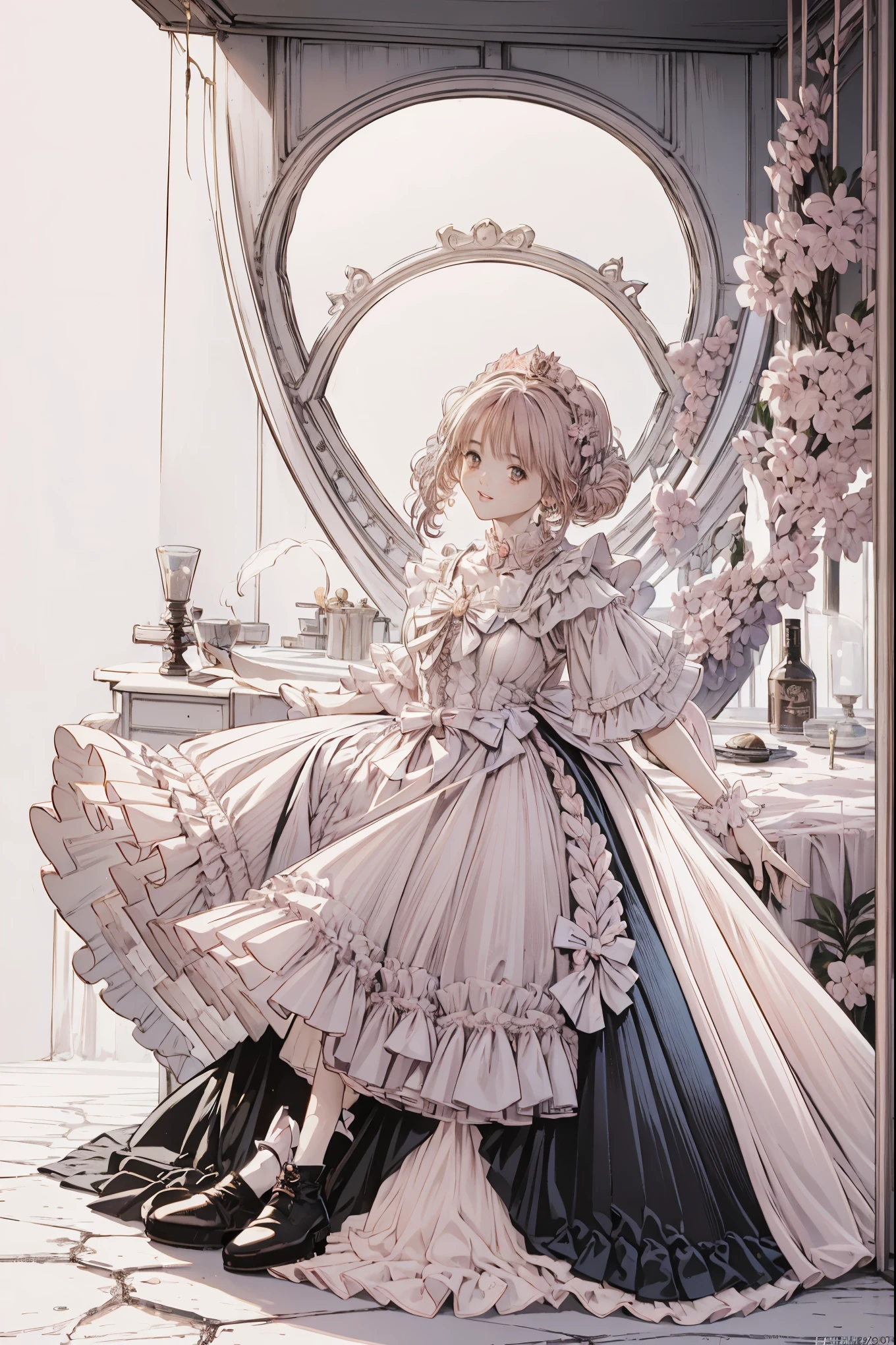(Best Quality,4K, Hi-Res,masterpiece:1.2), several people having fun with each other while having very detailed ,Realistic:1.37,,(whole body, Shows Your Feet and Shoes: 1.2),、(( pink dress )), 荘厳なライトピンクとゴールドの夜会服のドレスを着た女の子の超Realisticな写真, Big beautiful dress, Lots of frills and rhinestones、Intricate and voluminous ball gown (Best Quality, table top, Art Station , fantasy art:1.2), 美しいcute女の子, ( long blonde curly hair :1.1), (Exquisite gold short skirt, whole bodyショット)、Anime Style、story、、 beautiful girls、とてもcute天使、 pink gothic dress 、cute、、smile、 long skirt、, black long boots、Best Quality, masterpiece, 最 Hi-Res, artwork , super それにGet used to it, many Get used to it, Get used to it, それにGet used to it, woman, ,(( pink victorian voluminous ball gown dress )), Long Dress, dress with lots of frills and ribbons .. with a tiara on her head ,luxury,1 person, Pink brown hair,Pink Eyes、Pink World,(A girl wearing a pink princess skirt), Pink Hair,pink bedroom layout,Pink Bed,Pink mosquito net,Pink furniture,pink color palette ,(zenTangle, Mandala, Tangle, enTangle:0.6),(Make art), Most Beautiful Chaotic Shape ,Beast Design,Behind, Pink High Heels , perfect hand ,