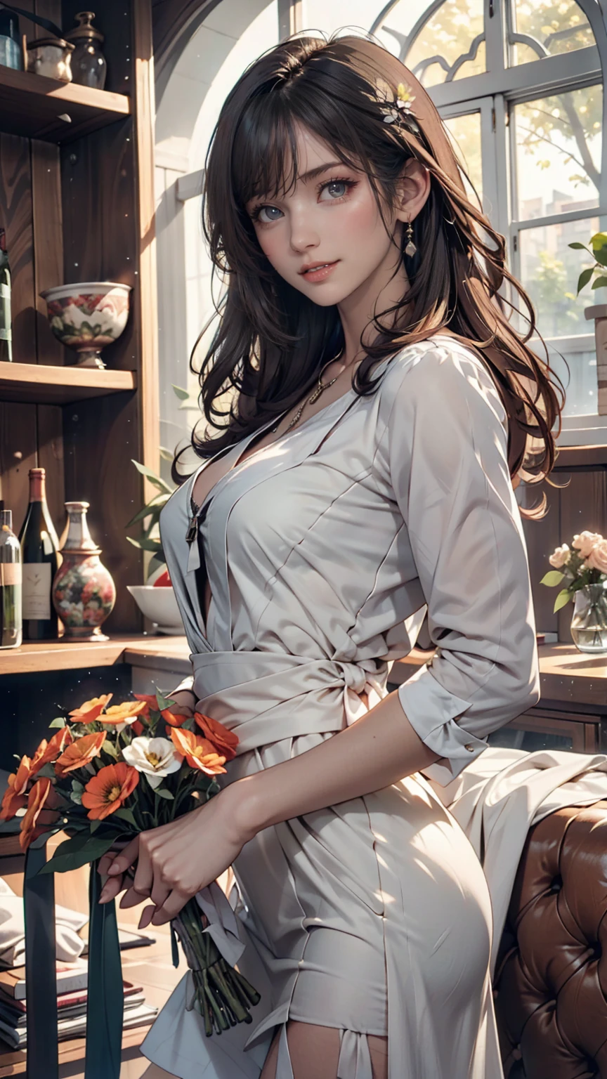 ((最high quality, 8K, masterpiece: 1.3, Ultra HD, high quality, 最high quality, High resolution, realism)) 、22-year-old extremely beautiful white woman、Sexy proportions、Hair color blonde、blue eyes、Medium Hair、Straight Hair、smile、Wearing red nail polish、、Inner Color((colored inner hair))、Braided long hair((low-braided long hair))、English style garden、gardening、Flower bed flowers in full bloom、the garden is grass、There are tables and chairs、Enjoy tea time