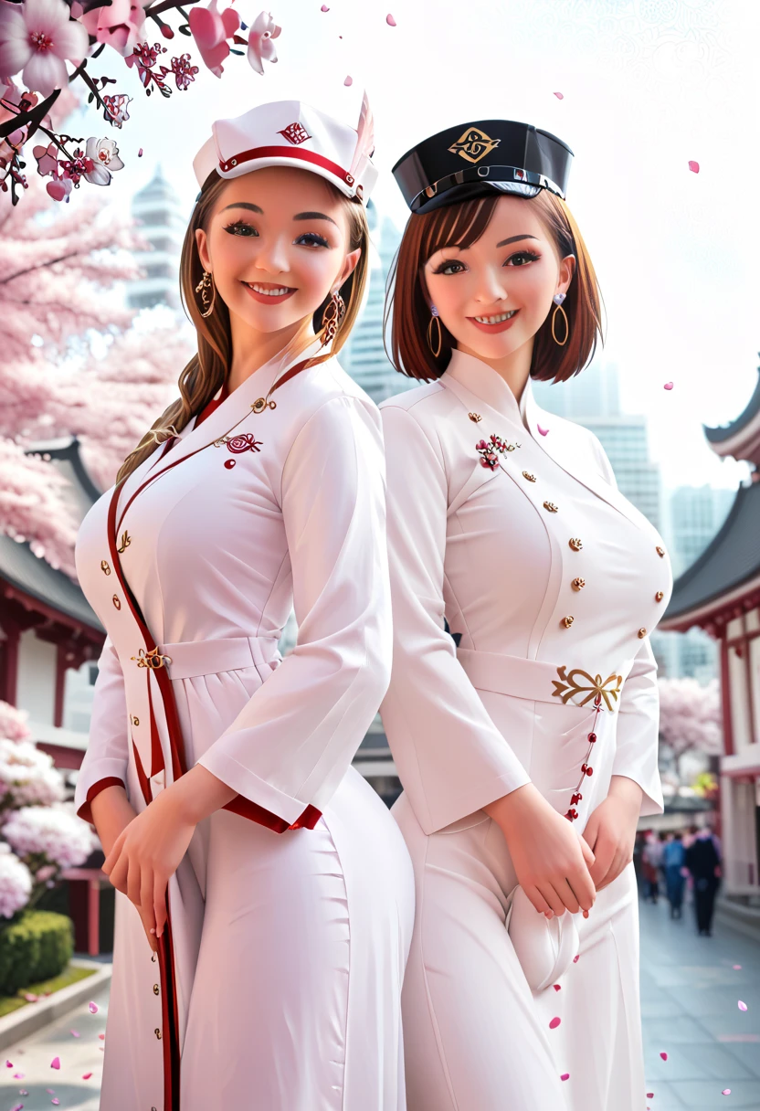 academic gown, academic robe, mortarboard, square cap, university campus, buildings, cherry blossoms, smiling, 2girls, detailed uniform, look at viewer, (SIGMA 85mm f1.4), depth of field, bokeh,  detailed photorealistic background, diffused natural sunlight, diffused natural skin glow, face focus, extremely detailed, (abstract background, zentangle, fractal art:1.3), (many colors, colorful:1.1), (feathers, petals, flowers:1.3), earrings 