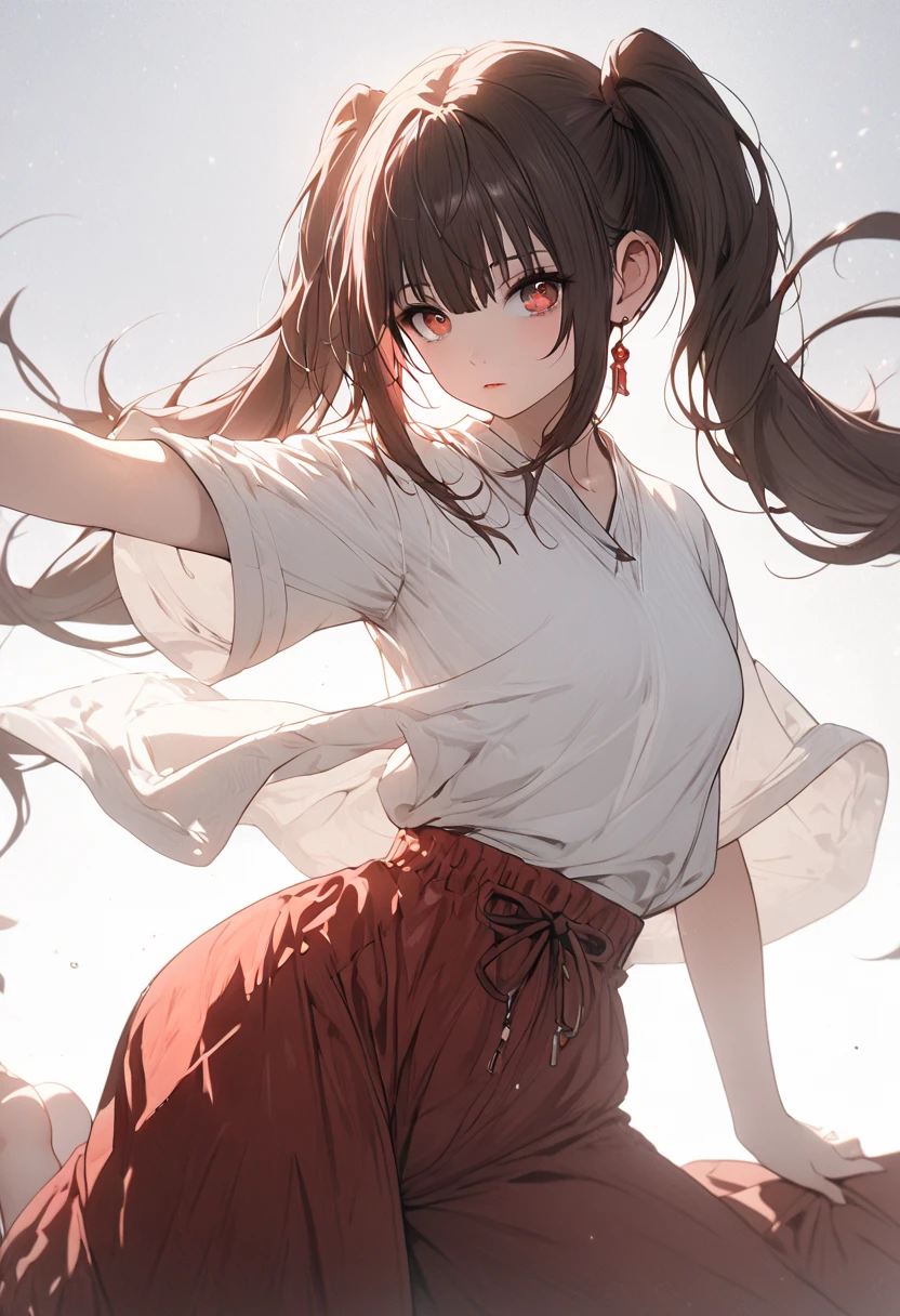 A girl with a collar, baggy pants, barefoot, (best quality,4k,8k,highres,masterpiece:1.2),ultra-detailed, moody lighting,dramatic shadows,warm soft colors,cinematic, red pants , whole body, dynamic pose,full body shot, dynamic pose, white background,hutao, long hair, bangs, brown hair, red eyes, hair between eyes, twintails, sidelocks, symbol-shaped pupils,
