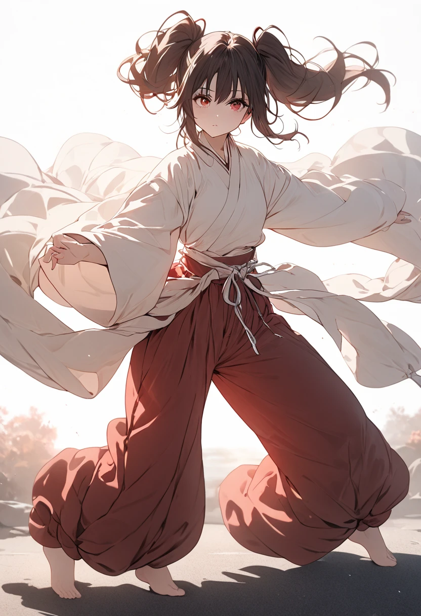 A girl with a collar, baggy pants, barefoot, (best quality,4k,8k,highres,masterpiece:1.2),ultra-detailed, moody lighting,dramatic shadows,warm soft colors,cinematic, red pants , whole body, dynamic pose,full body shot, dynamic pose, white background,hutao, long hair, bangs, brown hair, red eyes, hair between eyes, twintails, sidelocks, symbol-shaped pupils,
