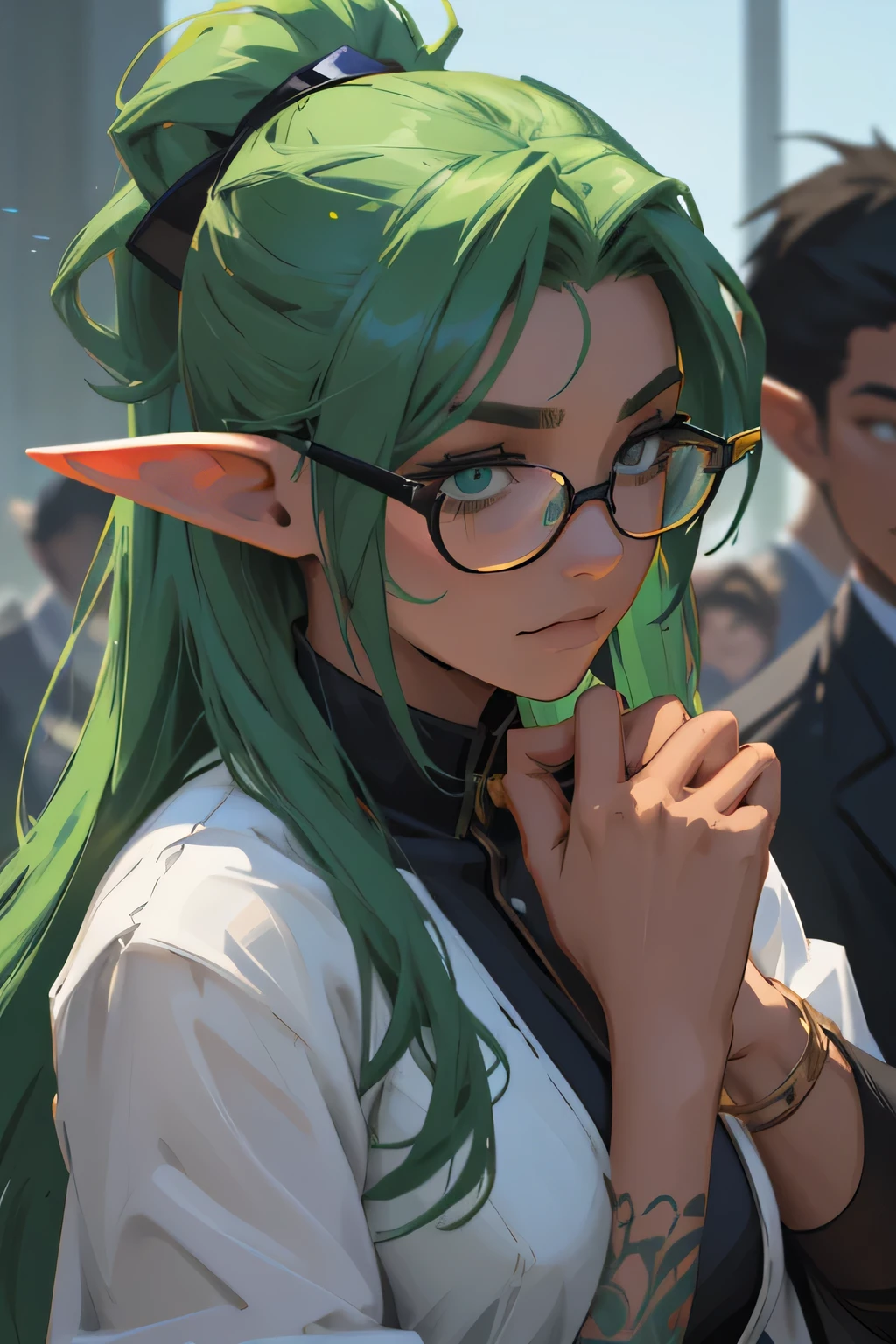 elf girl, elf ears A striking and ultra-detailed phone photo of an alluring young woman with vibrant green hair and glasses, passionately testifying in court against an evil antagonist. Her full sleeve tattoos are a captivating sight, contrasting with her professional attire. The sunny summer day casts a warm glow on the scene, highlighting the bustling courtroom filled with attentive onlookers. The background captures the essence of artificialecchi style, with an air of playful sophistication and a touch of drama.