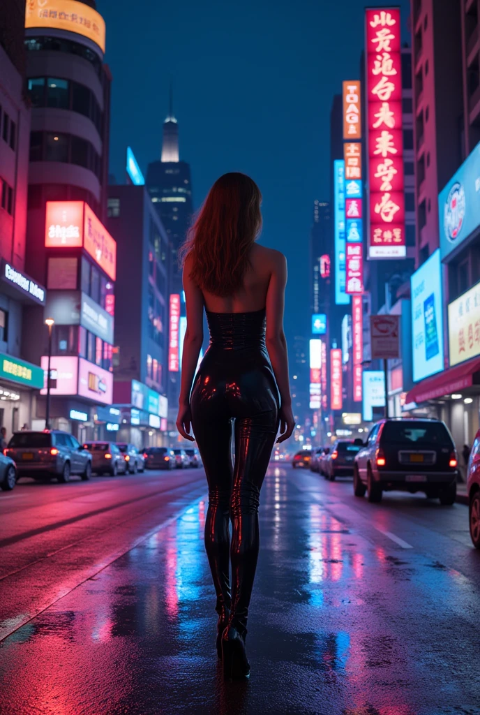 (Best Quality, very detailed depiction, incredible high resolution,Photographic images), Futuristic Streetscapes ,Neon city at night:2.0, Iconic skyscrapers,Artistic Buildings ,Woman in bodysuit walking down a decadent cityscape ,Night view,Beautiful night view,Dazzling neon light ,Night Sky:2.0,Woman in latex suit walking down the street,