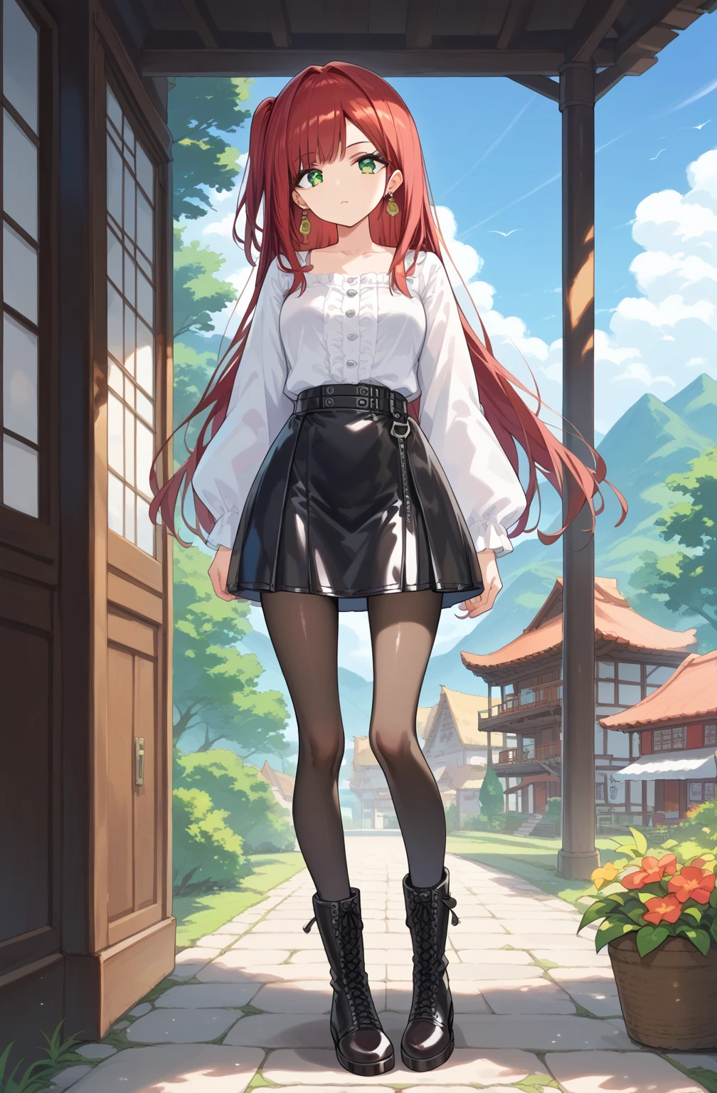 score_9, score_8_up, score_7_up, source_Cartoon, Morning Fragrance  ,   red hair, (green eyes, one side up),,hair accessories,   shiny skin , long hair,  Circle Earrings... White Leather Dress... Black Skinny Skirt.Leather Black Horse Boots ..Japanese Old Town Landscape ..Black pantyhose 