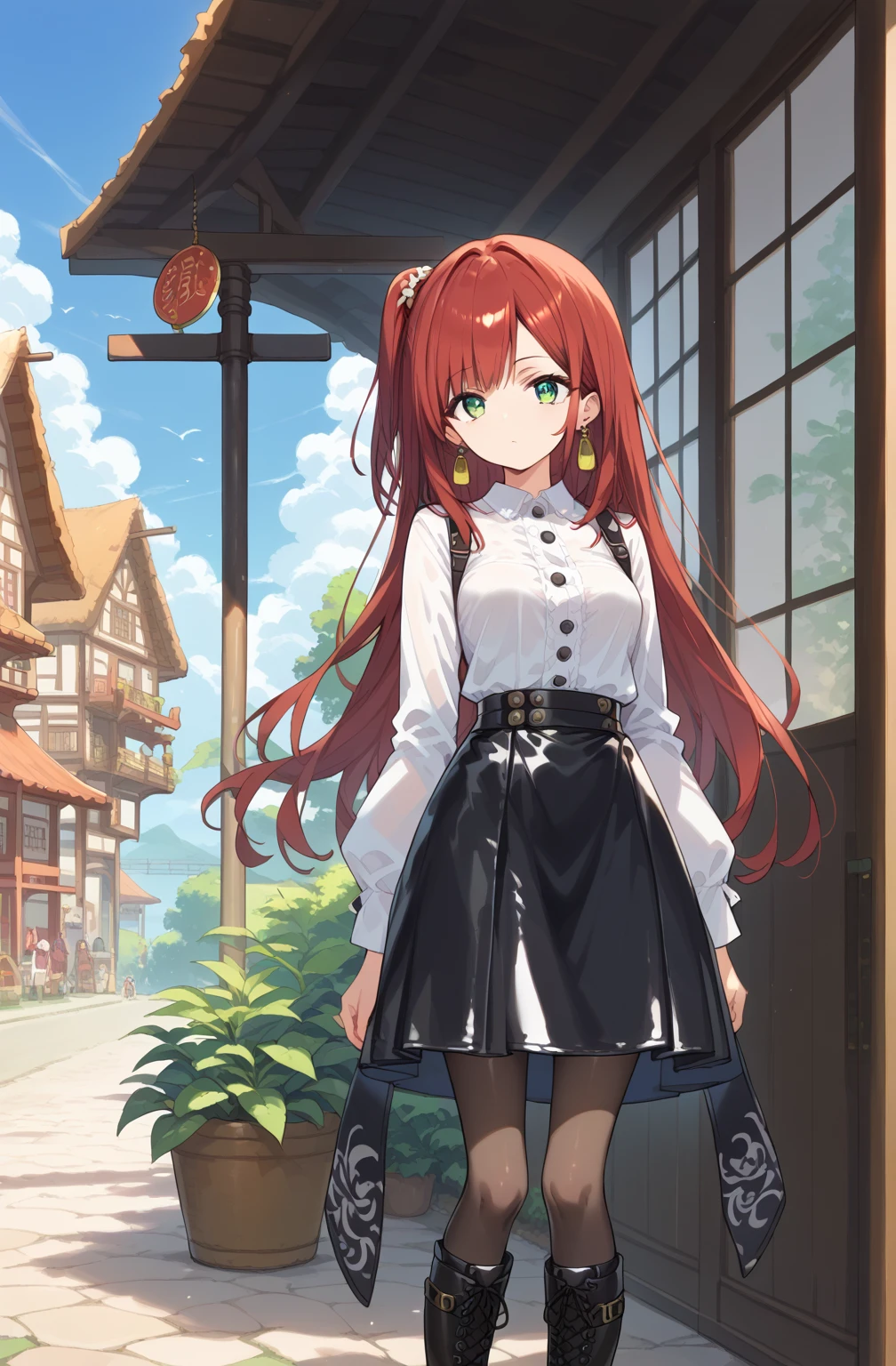 score_9, score_8_up, score_7_up, source_Cartoon, Morning Fragrance  ,   red hair, (green eyes, one side up),,hair accessories,   shiny skin , long hair,  Circle Earrings... White Leather Dress... Black Skinny Skirt.Leather Black Horse Boots ..Japanese Old Town Landscape ..Black pantyhose 