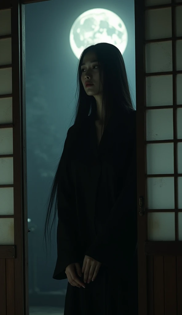 (masterpiece、High resolution、high quality)、Very beautiful Japanese women、A ghostly, fragile woman、Wearing a white kimono、All-white kimono、Beautiful long flowing black hair、Pale skin、Diseased skin、Great beauty、Big Breasts、Very thin body、Curved waist、Are standing、Gaze Here、A resentful look、Full body portrait、Old Japanese house、Dark Night、Late Night、Pitch-dark room、Weird talk、Dark atmosphere、Horror movie atmosphere、Only a woman emerges in a pitch black room、Photographed from the front、Very beautiful face