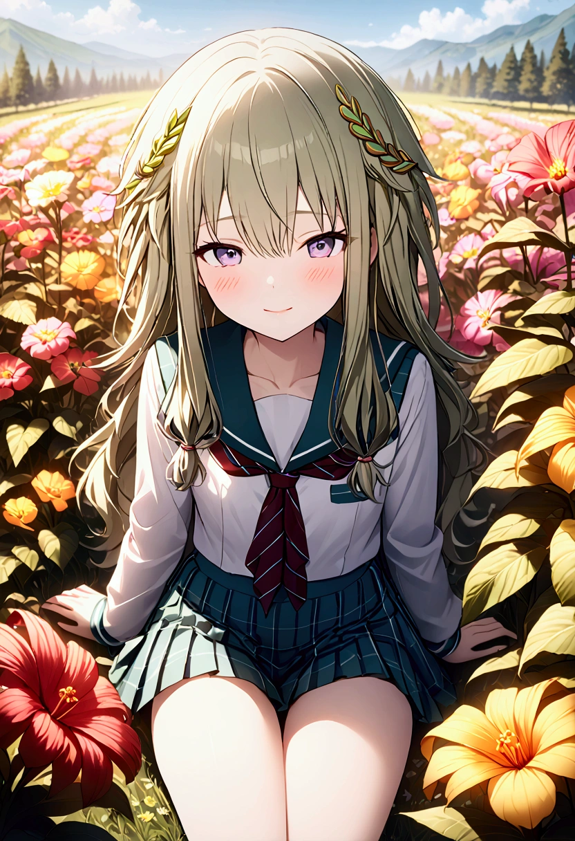 High image quality 、masterpiece、 High Quality  、Full HD、4K 、 seen from the front、Kusanagi Nin々、Green long hair 、Yellow hair ornament、 purple eyes、slim、 high school uniform 、 smile、Blushing cheeks 、 Reach Out 、Red  on cheeks、 flat chest、 show me your thighs、Sitting in a field of flowers 