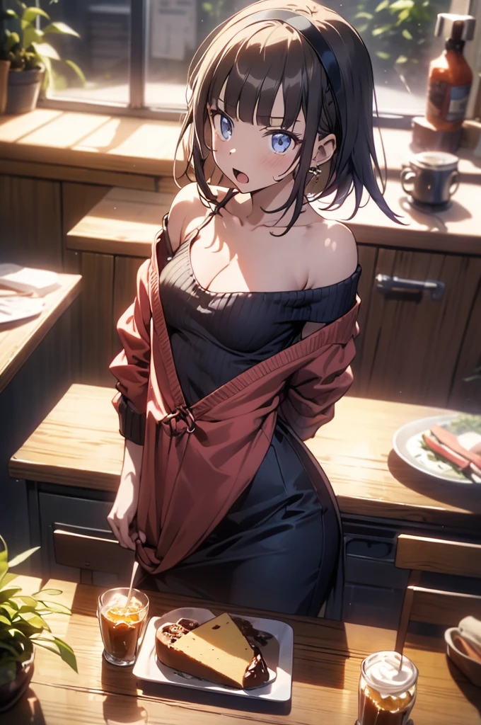 (from above:1.0),(from side:0.9),masterpiece, 1girl, Amazing Cleavage:1.1, thin waist, big ass, Raised sexy, small breast: 1.3, posed cleavage:1.2、solo, looking at viewer, open mouth, have a cute grass of cute beergrass,black hair, dark green eyes, dress, bare shoulders, jewelry, collarbone, sidelocks, hairband, earrings, indoors, off shoulder, :o, sweater, arms behind back, plant, short hair with long locks, gild hairband, off-shoulder dress, sweater dress, off-shoulder sweater, red sweater, dark gord hair, big side hair, very long side hair,is rendered in (masterpiece: 1.2, best quality), with (ultra high resolution) and an exquisite (depth of field). This masterpiece is not only visually stunning but also tells,A scene of cooking in the kitchen by classroom