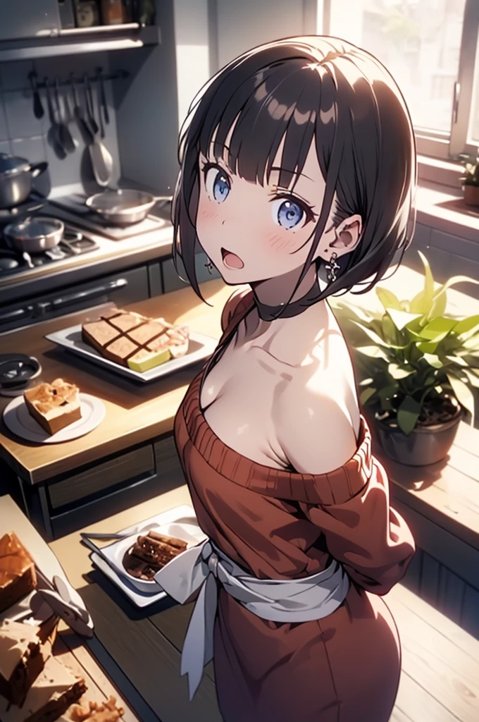 (small breasts:1.3), (perky chest:1.1), (pointed chest:1.0), (Pudding cake magazine cover:1.3),(from above:1.0),(from side:0.9),masterpiece, 1girl, Amazing Cleavage:1.1, thin waist, big ass, Raised sexy, small breast: 1.3, sexy posed cleavage:1.2,solo, open mouth, have a cute grass of cute beergrass,bronde hair, dark blue eyes, dress, bare shoulders, jewelry, collarbone, sidelocks, hairband, earrings, indoors, off shoulder, sweater, arms behind back, plant, short hair with long locks, gild hairband, sweater dress:1.2, off-shoulder sweater, red sweater, dark gord hair, big side hair, very long side hair,is rendered in (masterpiece: 1.2, best quality), with (ultra high resolution) and an exquisite (depth of field). This masterpiece is not only visually stunning but also tells,A scene of cooking in the kitchen in the classroom ,looking at viewer,