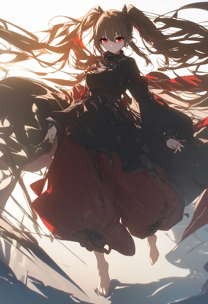 A girl with a collar, baggy pants, barefoot, (best quality,4k,8k,highres,masterpiece:1.2),ultra-detailed, moody lighting,dramatic shadows,warm soft colors,cinematic, red pants , whole body, dynamic pose,full body shot, dynamic pose, white background,hutao, long hair, bangs, brown hair, red eyes, hair between eyes, twintails, sidelocks, symbol-shaped pupils,
