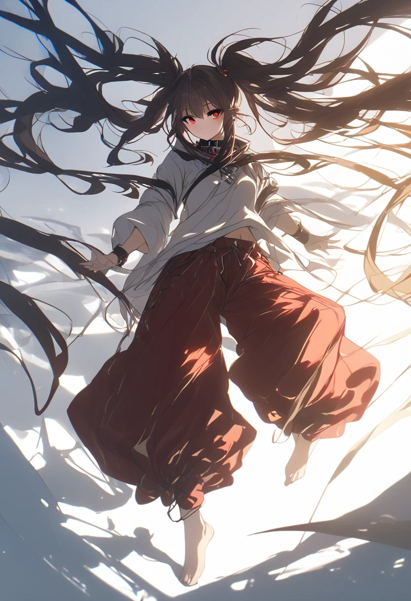 A girl with a collar, baggy pants, barefoot, (best quality,4k,8k,highres,masterpiece:1.2),ultra-detailed, moody lighting,dramatic shadows,warm soft colors,cinematic, red pants , whole body, dynamic pose,full body shot, dynamic pose, white background,hutao, long hair, bangs, brown hair, red eyes, hair between eyes, twintails, sidelocks, symbol-shaped pupils,
