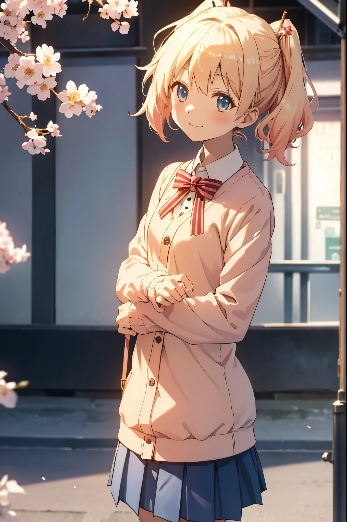Alice Carteret, detailed background with white knee-high , Cardigans , open Cardigans , striped bow , Hair accessories, Blue Pleated Skirt , white collared shirt, Outdoor, cherry blossoms, Cowboy Shooting, smile, watching viewers, open your mouth ,