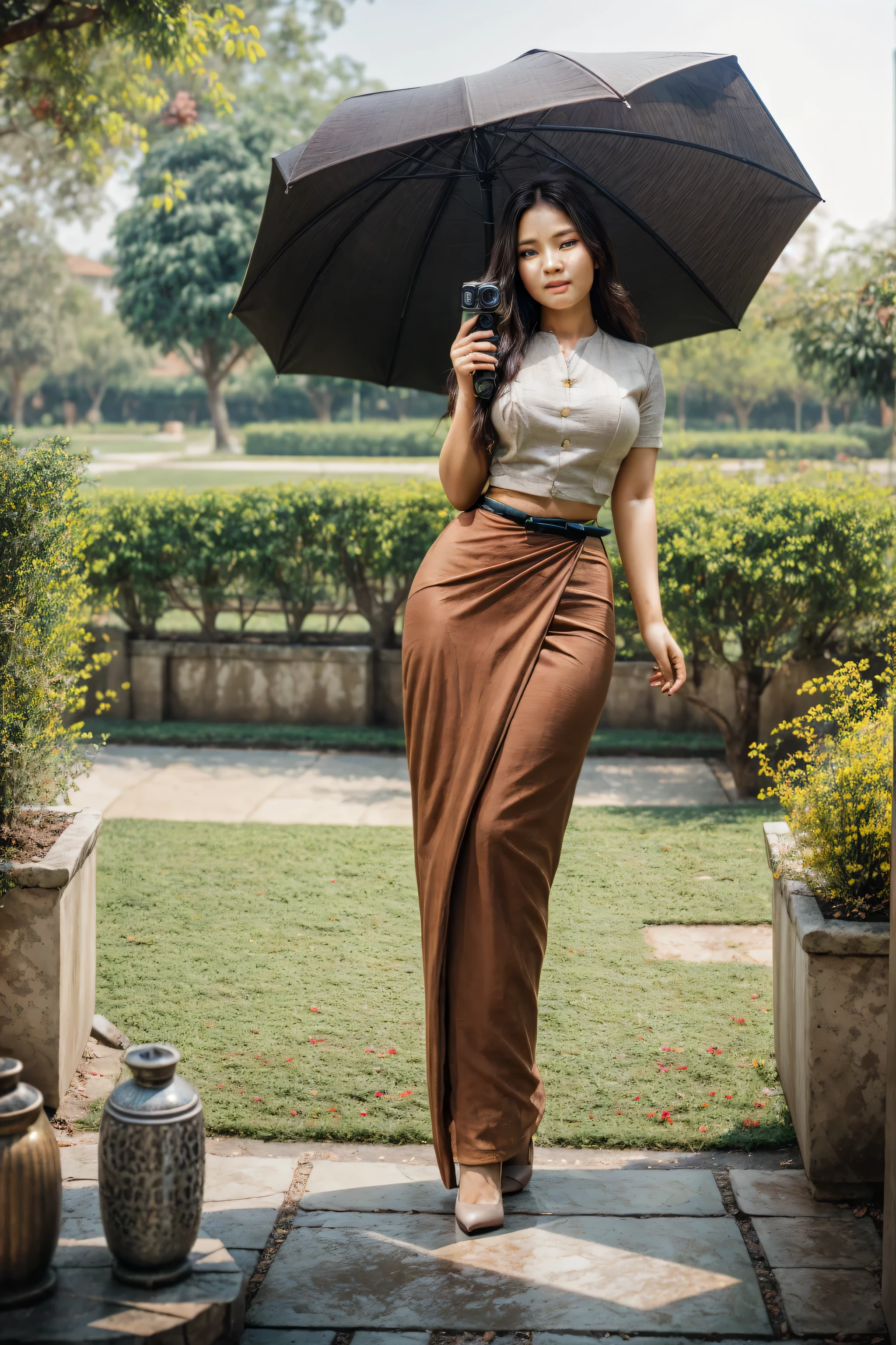 cinematic outdoor studio zoom-in tilted side perspective portrait shot of a pretty Burmese lady wearing Burmese traditional affair with elegant tight Yinphone and waist height elegant tight Htamein and stiletto high heel standing and posing with open umbrella in the garden like a professional model. She looking to the camera with tempted beautiful mature look. She has stunning ideal body figure. cinematic high quality background blur. enhanced cinematic portrait lighting. correct human anatomy, correct human posture, realistic umbrella poses, realistic lighting, realistic contrast, realistic shadow, ultra-high resolution, ultra-high detailed, ultra-sharp focus, *