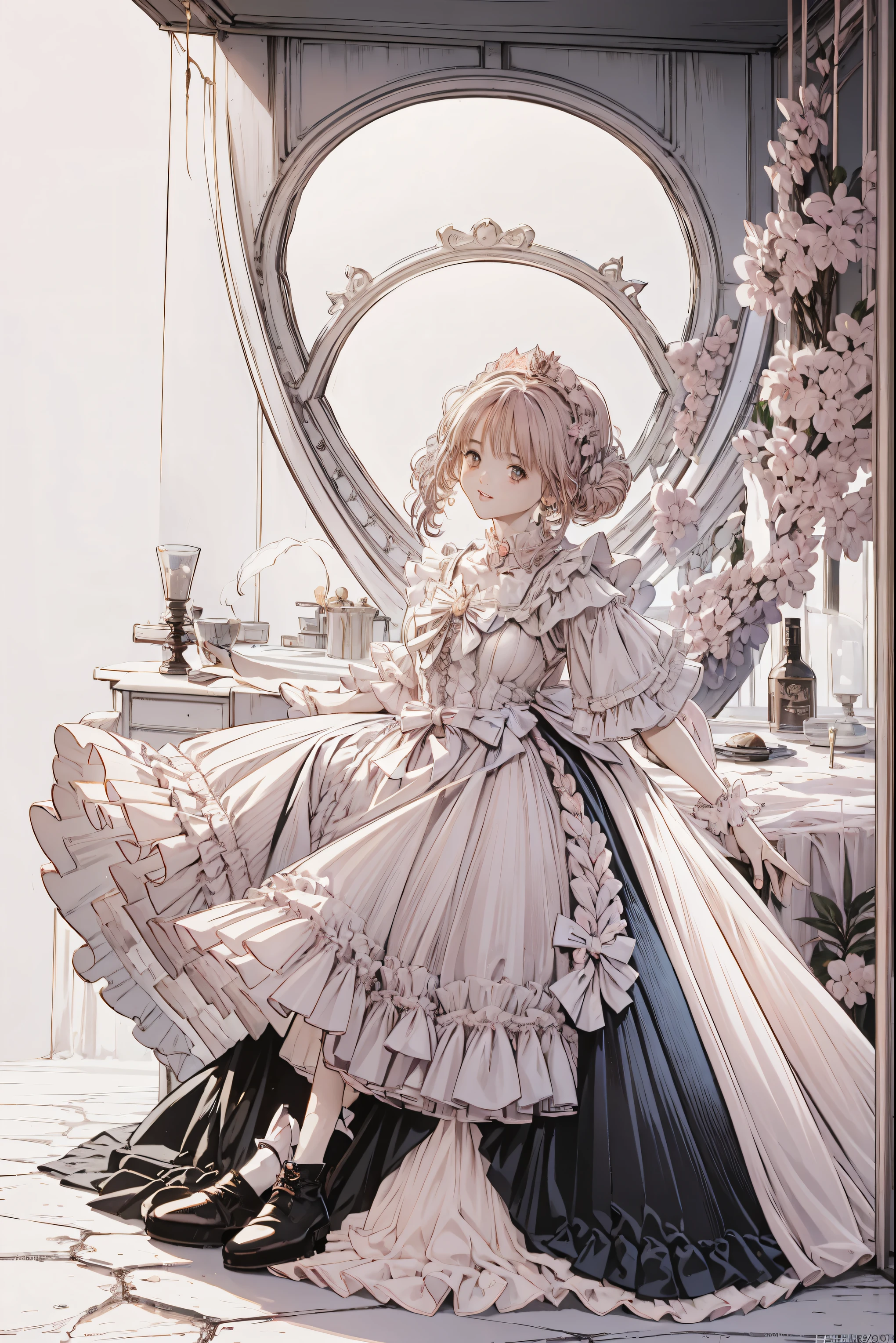 (Best Quality,4K, Hi-Res,masterpiece:1.2), several people having fun with each other while having very detailed ,Realistic:1.37,,(whole body, Shows Your Feet and Shoes: 1.2),、(( pink dress )), ultra-realistic photo of a girl in a stately light pink and gold ballroom dress, Big beautiful dress, Lots of frills and rhinestones、Intricate and voluminous ball gown (Best Quality, table top, Art Station , fantasy art:1.2), beautiful cute girl , ( long blonde curly hair :1.1), (Exquisite gold short skirt, whole bodyショット)、Anime Style、story、、 beautiful girls、very cute angel、 pink gothic dress 、cute、、smile、 long skirt、, black long boots、Best Quality, masterpiece, 最 Hi-Res, artwork , super それにGet used to it, many Get used to it, Get used to it, それにGet used to it, woman, ,(( pink victorian voluminous ball gown dress )), Long Dress, dress with lots of frills and ribbons .. with a tiara on her head ,luxury,1 person, Pink brown hair,Pink Eyes、Pink World,(A girl wearing a pink princess skirt), Pink Hair,pink bedroom layout,Pink Bed,Pink mosquito net,Pink furniture,pink color palette ,(tangled, Mandala, Tangle, enTangle:0.6),(Make art), Most Beautiful Chaotic Shape ,Beast Design,Behind, Pink High Heels , perfect hand ,