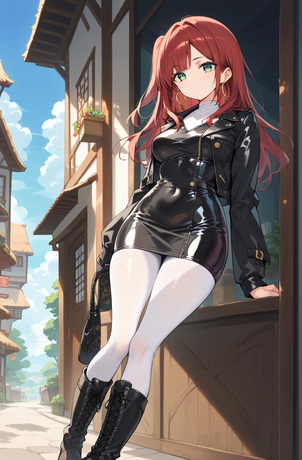 score_9, score_8_up, score_7_up, source_Cartoon, Morning Fragrance  ,   red hair, (green eyes, one side up),,hair accessories,   shiny skin , long hair,  hoop earrings... white leather jacket... black tight leather skirt.Leather Black Horse Boots ..Japanese Old Town Landscape ..White tights 