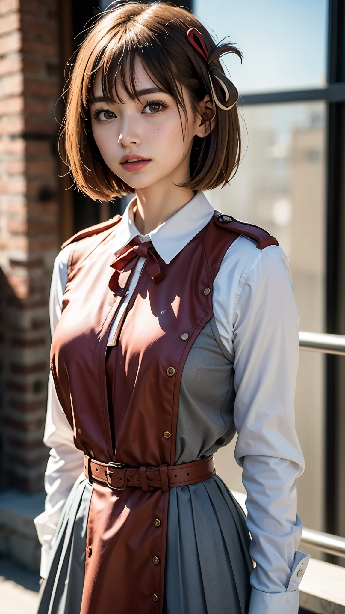 (Super detailed, CG ,Unity ,8k wallpaper),(masterpiece),(Realistic),(photoRealistic:1.2),( RAW Photos:1.2), (Best Quality:1.2), ( detail face :1.4),(beautiful detailed eyes :1.2),( detailed hair), light on face , huge file size , Movie Lighting, break 1girl,Nishiki Chisato , short hair, bangs, blonde hair, (red eyes:1.5), hair ribbon, One side up, bob cut from the front, perfect body, break (shirt, Long Sleeve , dress, ribbon, white shirt, collared shirt, belt, neck ribbon, red dress, blue ribbon, pleated dress, grey dress, two-tone dress, red belt, licorice uniform :1.1)
