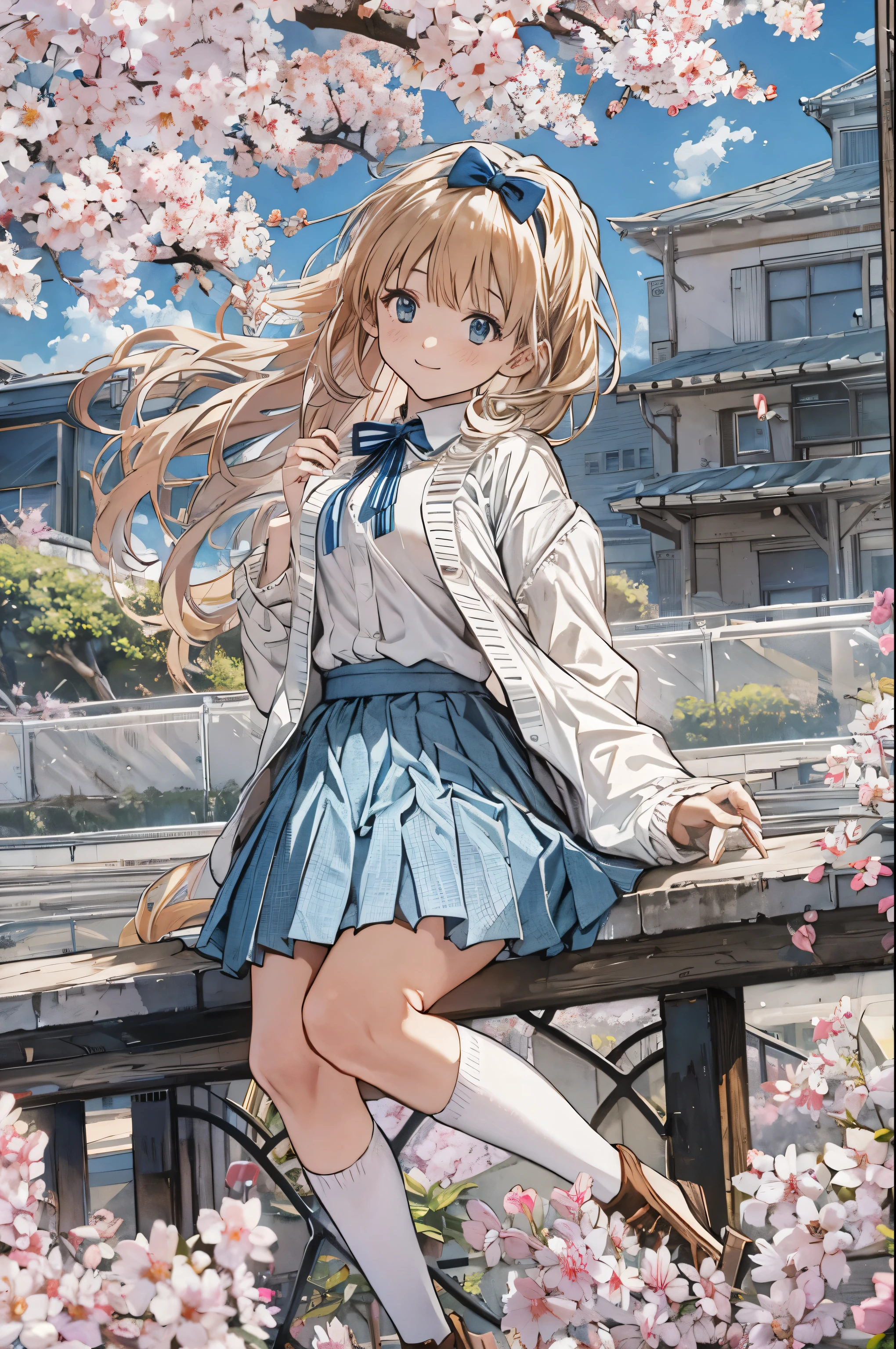 Alice Carteret, detailed background with white knee-high , Cardigans , open Cardigans , striped bow , Hair accessories, Blue Pleated Skirt , white collared shirt, Outdoor, cherry blossoms, Cowboy Shooting, smile, watching viewers, open your mouth ,beautiful、
