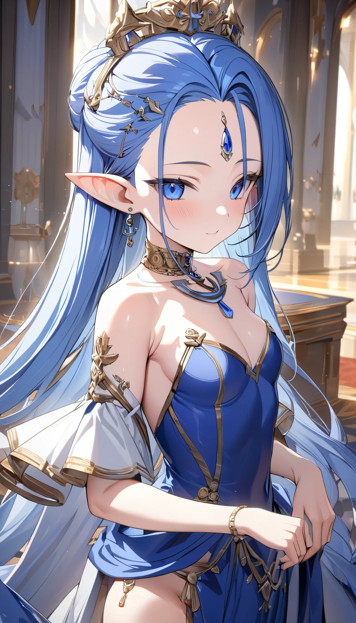 (((Best quality, 8k, Masterpiece: 1.3)), ((best quality)), ((masterpiece)), (detailed), perfect face, perfect body, (detailed skin:1.3), (intricate details), blue hair, ((hair slicked back)), forehead jewel, pointy ears, anchor choker, ray tracing, Royal Palace, Magnificent Dress, cowboy shot