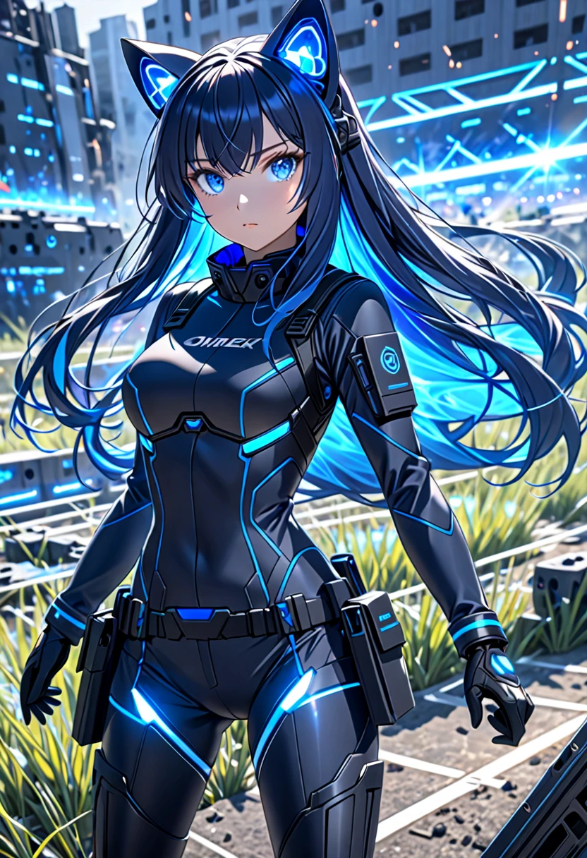 Older teenage female with black hair and blue eyes, powerful aura, staring, mysterious badass outfit