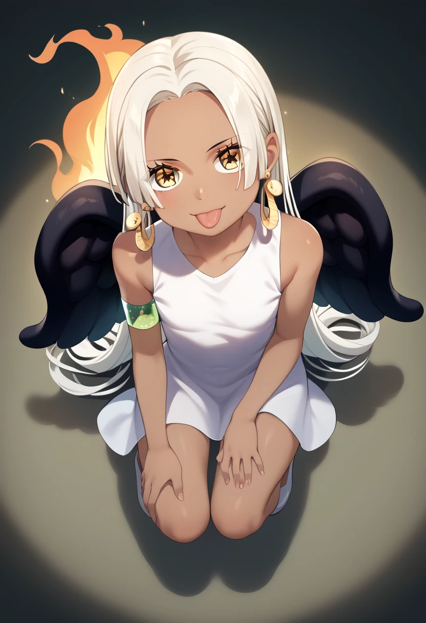 UHD, retina, textured skin, high details, high quality, best quality,  highres icon, 1080P, HD, 16k、1 Girl,Earthsnake , Long Hair, white hair, Brown Skin、,  earrings for a woman alone, Yellow Eyes, symbol-shaped pupils,  black wings  ,  small breasts.  sundress,  white dress,  sleeveless, armlet、 cute、Flames on the back、flat chest、full body、looking up、from above、squatting、 cute、 sexy、Stick one’s tongue out、