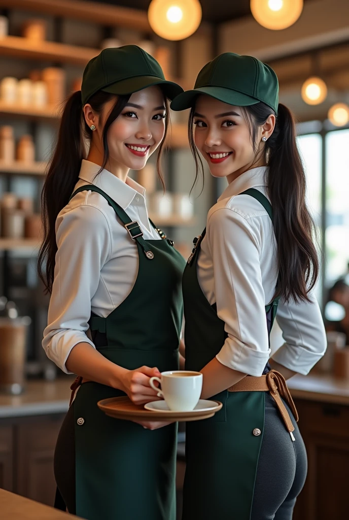 Cute 2 Female barista trainee, wearing barsita uniform, black plain tight slit black long trousser, slim and perfect figure, , emphasize on and hip and bottoms and thigh, rule of thirds, white plain between cap-sleeve and short-sleeve button up shirt for woman, silver shirt buttons, black long high pony tail hair, dynamic compositions, slender, photorealistic, white sneakers, japanese-thai 25s woman,face looking to camera with smile, gorgeous face, beautiful and detailed eyes, in front of the coffee shop counter, put coffee in the plastic white and dark green cup on tray on the counter, smiling, smiley eyes, dark green woman golf half cap, dark green apron over uniform,long black trousser and white sneaker, and coffee shop background, from back:1.4, brown suede belt