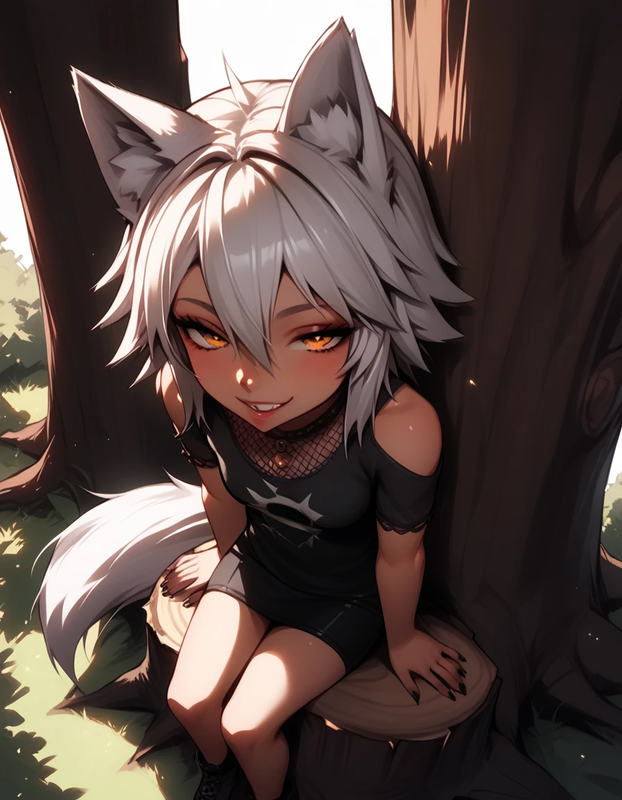 Personal style, 1 ,   animal ears , animal_Humanoide, canid_Humanoide, fox_Humanoide, wolf ears, wolf girl,  small breasts, Wolf tail, ,  BREAK
Sitting ,  looking at the spectator , ( half-closed eyes ),  seductive smile , PAUSE day, bare  tree ,  outdoor,  tree ,  tree  stump,  BREAK score_9, score_8_above, score_7_above, score_6_above, 