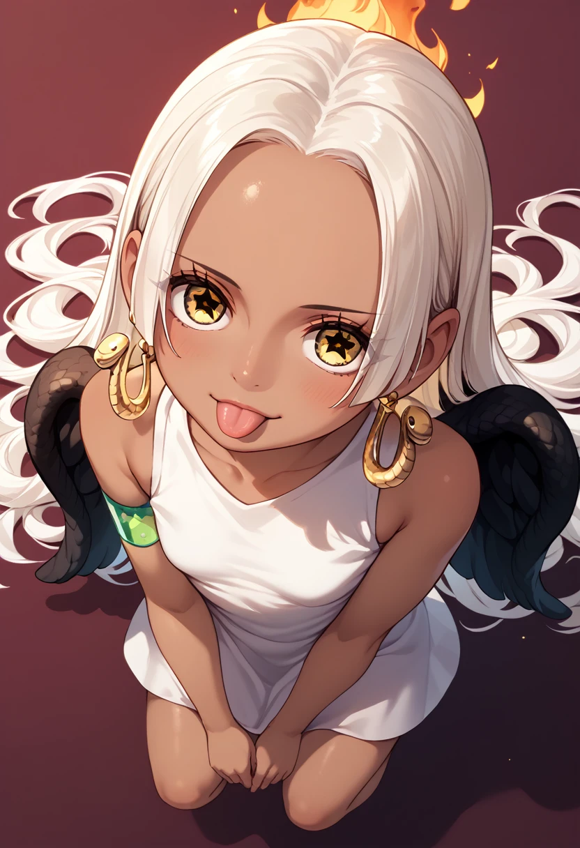 UHD, retina, textured skin, high details, high quality, best quality,  highres icon, 1080P, HD, 16k、1 Girl,Earthsnake , Long Hair, white hair, Brown Skin、,  earrings for a woman alone, Yellow Eyes, symbol-shaped pupils,  black wings  ,  small breasts.  sundress,  white dress,  sleeveless, armlet、 cute、Flames on the back、flat chest、full body、looking up、from above、squatting、 cute、 sexy、Stick one’s tongue out、