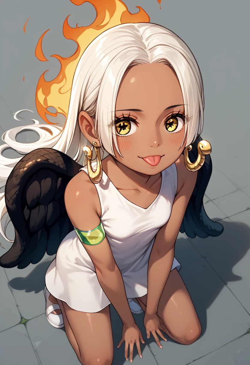 UHD, retina, textured skin, high details, high quality, best quality,  highres icon, 1080P, HD, 16k、1 Girl,Earthsnake , Long Hair, white hair, Brown Skin、,  earrings for a woman alone, Yellow Eyes, symbol-shaped pupils,  black wings  ,  small breasts.  sundress,  white dress,  sleeveless, armlet、 cute、Flames on the back、flat chest、full body、looking up、from above、squatting、 cute、 sexy、Stick one’s tongue out、