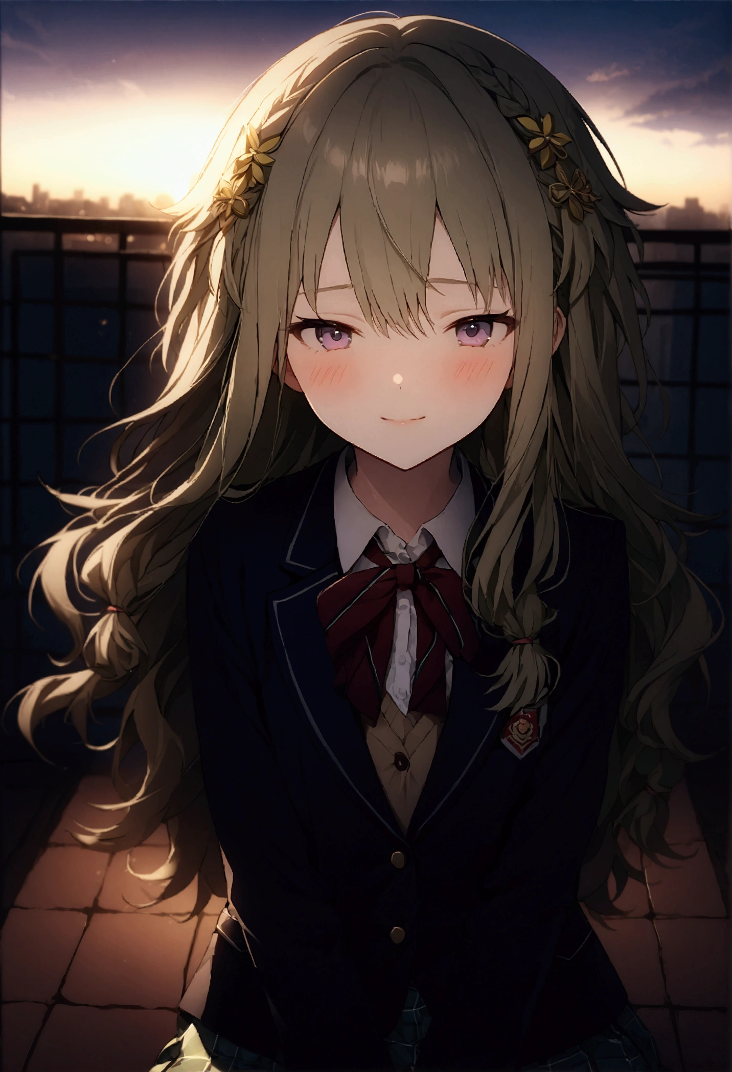 High image quality 、masterpiece、 High Quality  、Full HD、4K 、 seen from the front、Kusanagi Nin々、Green long hair 、Yellow hair ornament、 purple eyes、slim、 high school uniform 、 smile、Blushing cheeks 、 Reach Out 、Red  on cheeks、 flat chest、Show me your legs、High school rooftop、evening