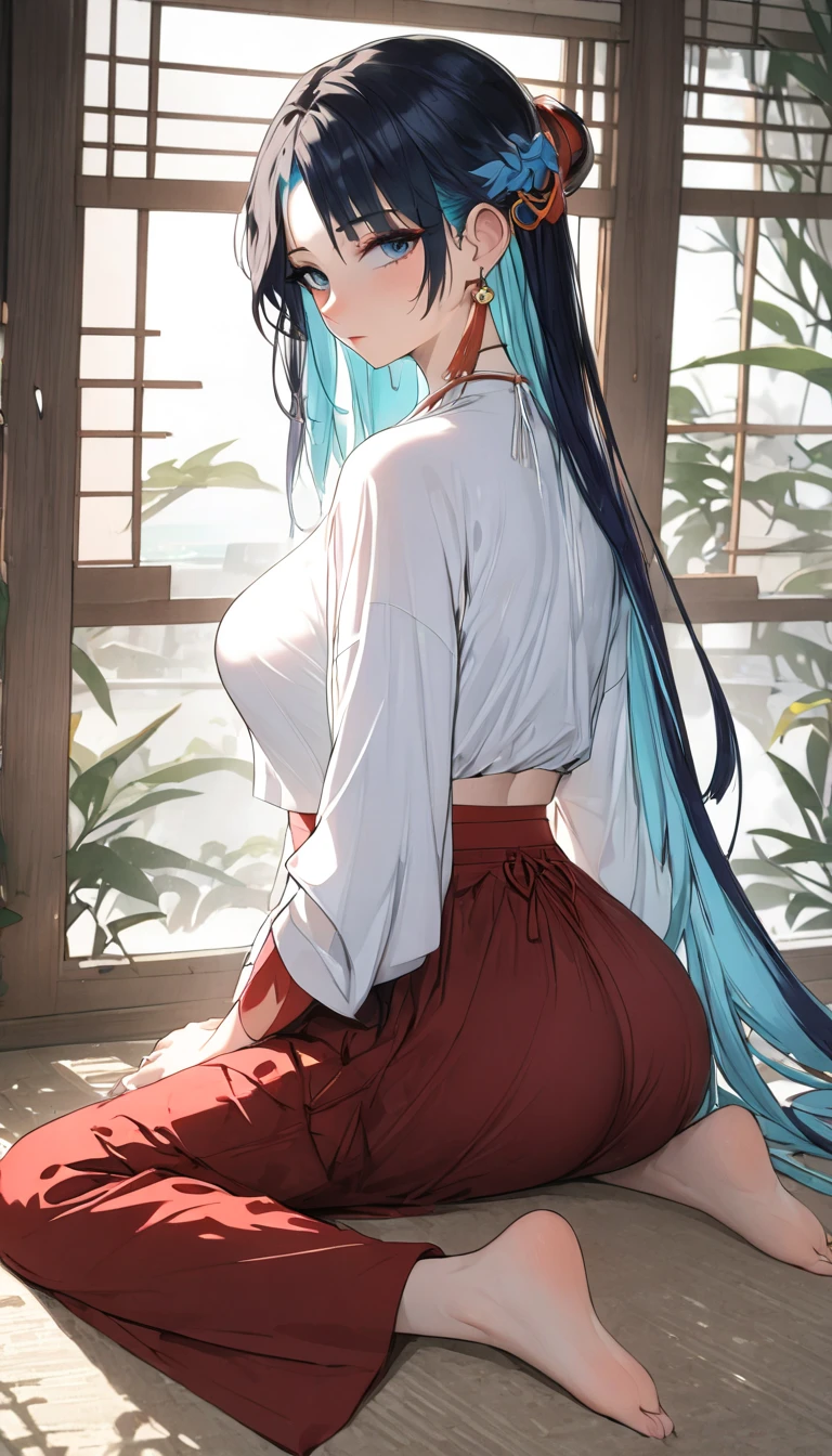 A girl with a collar, baggy pants, barefoot, (best quality,4k,8k,highres,masterpiece:1.2),ultra-detailed, moody lighting,dramatic shadows,warm soft colors,cinematic, red pants , whole body, dynamic pose,full body shot, dynamic pose, white background, blue_eyes, long_hair, black_hair,semi-rimless_eyewear, hair_ornament, red-framed_eyewear, blue_hair, multicolored_hair, bangs,
