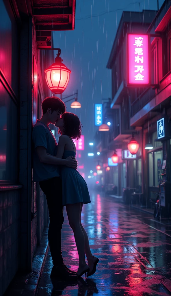 a couple kissing, woman leaning against the wall, dark night, small city street, neon lights, colorful and dark shadows, raining, reflection on street, anime art style, highly detailed, 8k, photorealistic, cinematic lighting, dramatic colors, vibrant neon, rain effects, atmospheric mood