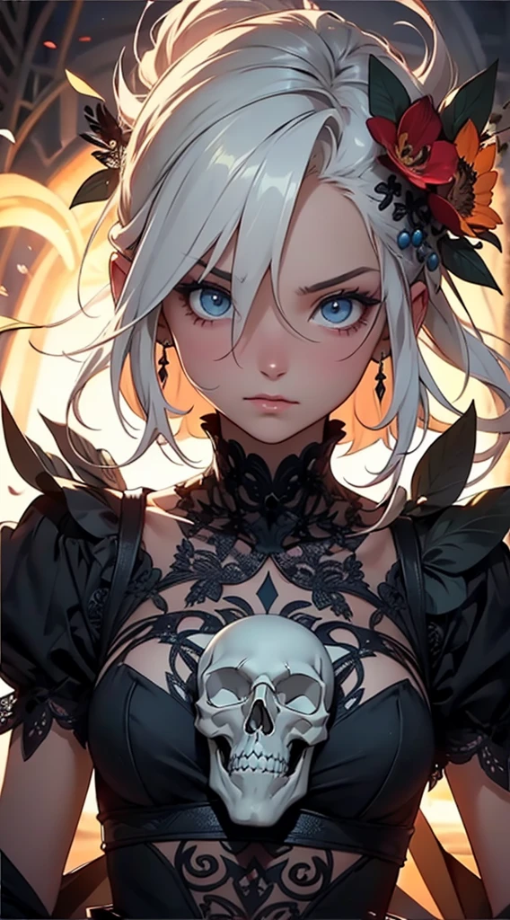 whole body, inside basement, skirt, shirt, long sleeves, frills, evil grin, creepy, skulls, candle, hair ornament, bone, doll, tapestry, Magic Circle, horror theme, Colossal tits, absurdres, RAW photo, extremely delicate and beautiful, masterpiece, Best Quality, ultra high resolution, 32k, hyperrealistic, ultra-detailed, detailed description, pale skin, 20 years old, tearful mole, earring, Colossal tits, short medium hair, wavy hair,
