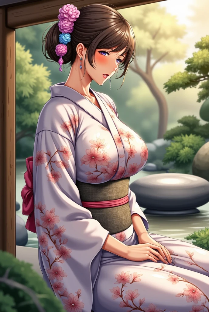 Aoi, black hair, bangs, low ponytail, brown  eyes, arms behind back,  leaning forward,  
solo, upper body, close up,  smile,  cleavage,  wet,  standing,   sagging breasts,  large breasts, 
 red kimono with floral print, purple hakama, yellow rope belt, middle of lake, cherry blossoms, 
(insanely detailed, beautiful detailed face,beautiful detailed eyes, masterpiece, best quality) 
  <lora:Aoi-10v7:0.8>