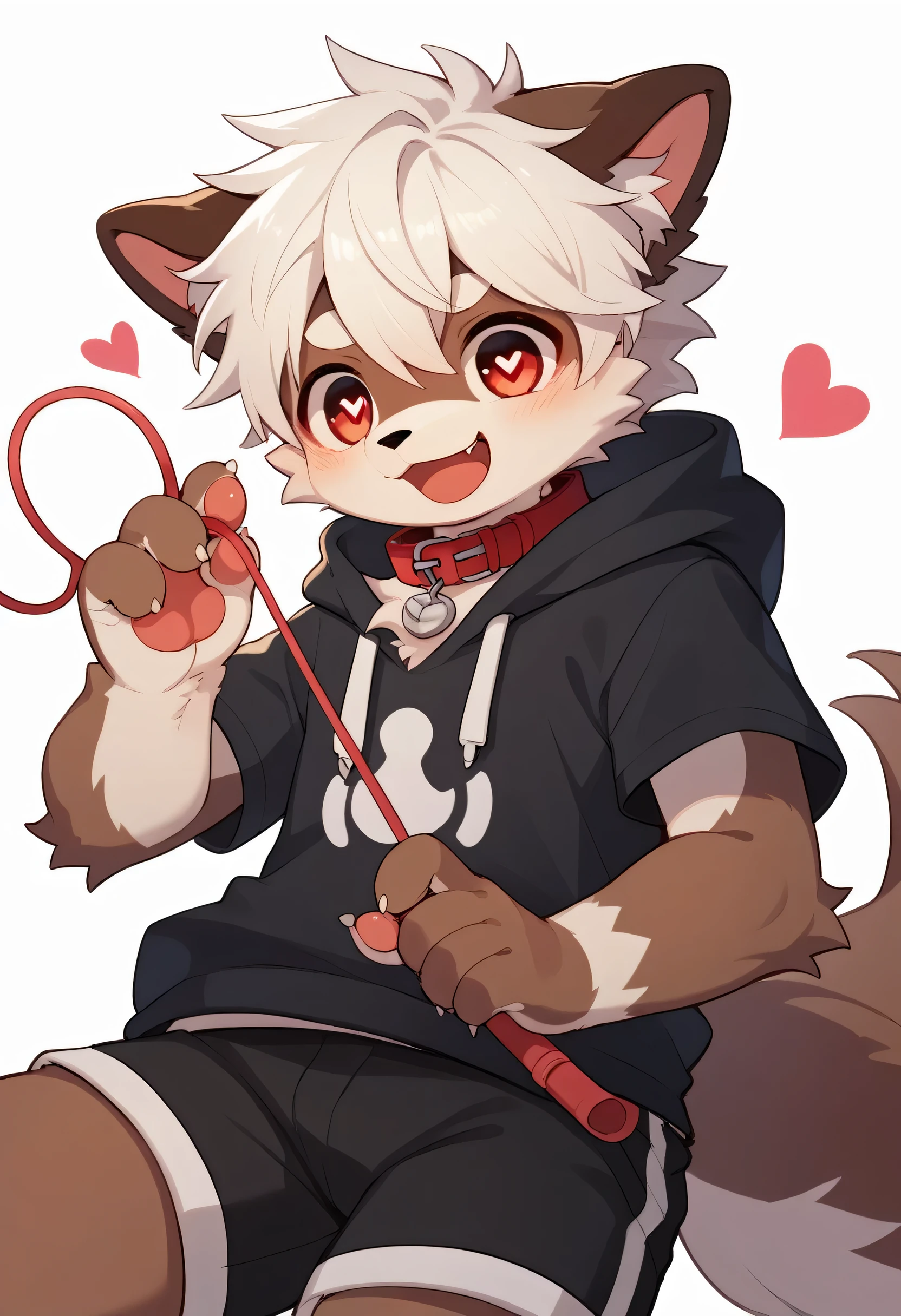  very detailedな, very detailed, white hair with brown fur ,Age 15,male, excited to see bones , wolf fur,Excited,participate, cute face, fluffy fur like one,Horny boy,Red collar,cute ears ,Fluffy Ears ,Fluffy Ears ,Show your legs,Show me a paw , holding a red collar and string in his hand, cute fur boy , boy, heart eyes,Horny boy , black back ,White background, blush nose ,Alone,Droopy ears, black shorts, Black Short Sleeve Hoodie 