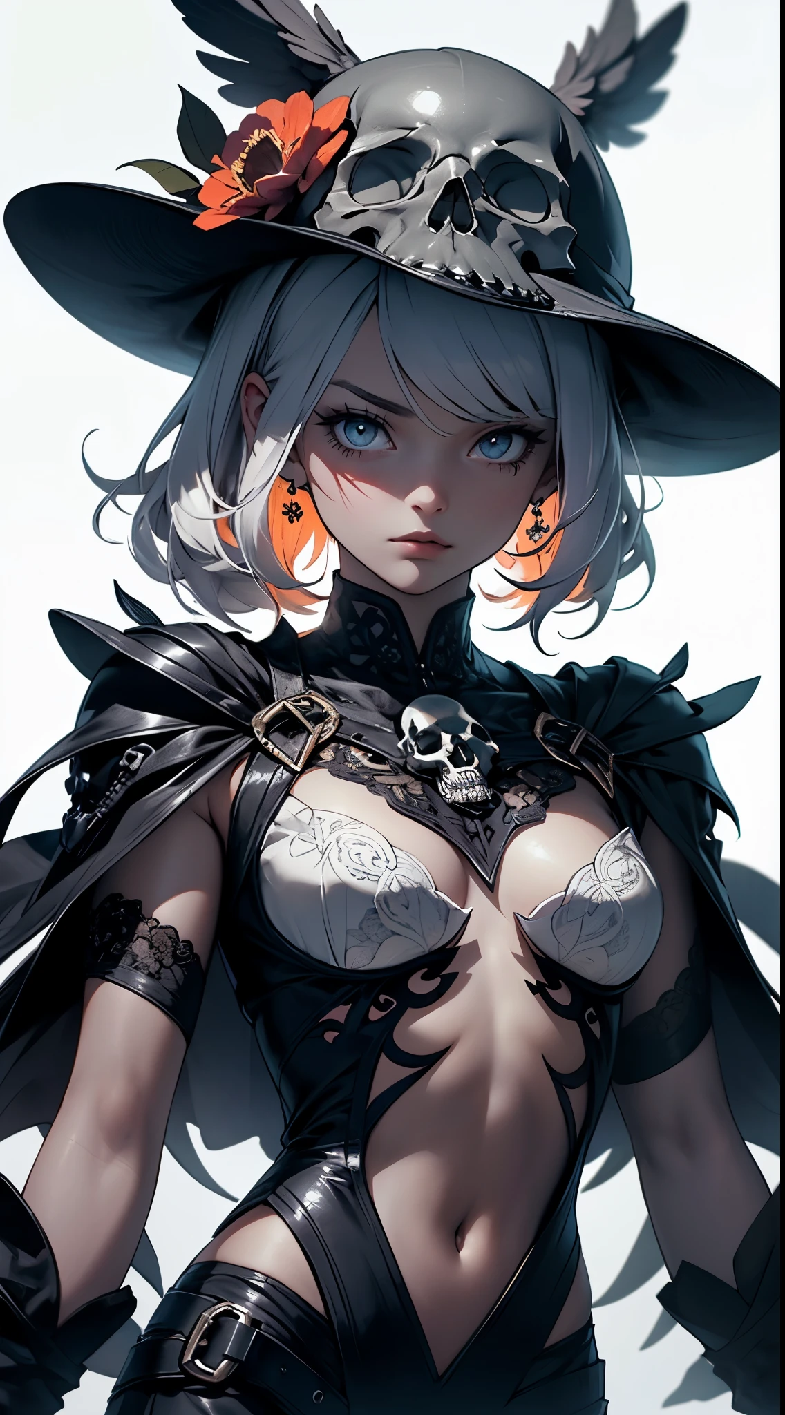 (Masterpiece), (High Definition), Solo, 8K, Brutal Witch Sabato Dance, Upper Body, Brutal Witch Beauty, Bewitching, Well-groomed Beautiful Face, Free Pose, Sexual Appeal, Medieval, Black Satin Sheer Kimono, Flowing Tulle, Fluttering Veil, Bone Hair Ornament, Crimson Bracelet, Bone Necklace, Tattoo, Shiny Skin, Loincloth Shorts, (No Bra), Exposure, Jewelry Ornament on Arms , medium chest, sheer, navel, shoulder, neck, collarbone line, arm ring ribbon, wreath, bracelet, anklet, various weapons, cutlery, pyroxene chain tassel around the belly, dedicated to the devil, ((strip dance)), (dark forest closed by darkness, silhouette of branches and branches, black mass), ink wash, popular CGSTATION, masterpiece, recent quality, high resolution details, 32K