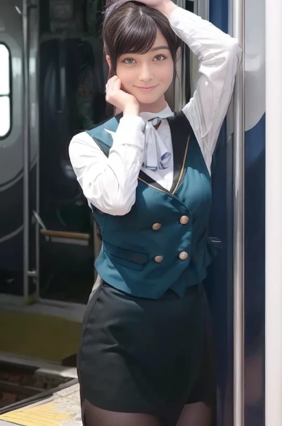 (masterpiece:1.2, Best Quality:1.2), 32kHDR, kampala, (Alone、 1 girl)、(What is 、 Professional Lighting)、In-flight background、(Nankai Train crew uniformを着たリアルなスタイル)、(( Nankai Train Crew Uniform Collarless Blouse Long Sleeve 、 Black Curled Culottes Skirt 、Scarf around the neck))、 Dark brown hair 、( Long Hair、Hair tied up、Hair tied up)、 Dark brown hair 、 Long Hit 、Big Breasts、Thin legs、((Great hands:2.0)),(( Harmonious Body Proportions :1.5)),((Normal limbs:2.0)),((Usually refers to:2.0)),(( DELICATE EYES FULL OF DECISION:2.0)),((Normal eyes:2.0)))、smile、(Nankai Train crew uniformを着た美しい姿)、Cross your hands underneath